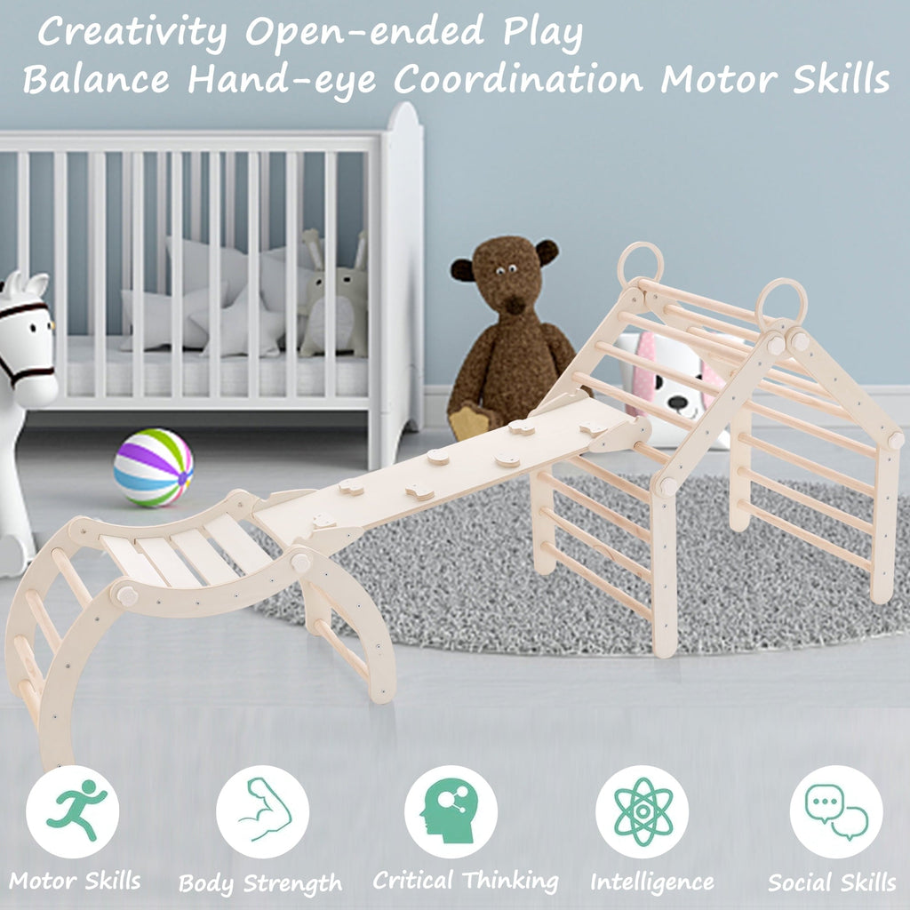 Toddler Climbing Toys Indoor,Pikler Triangle Set with Arch and Ramp, Foldable Wooden Montessori Climbing, Wood Play Gym, Toddler Gym for 2-6 Years