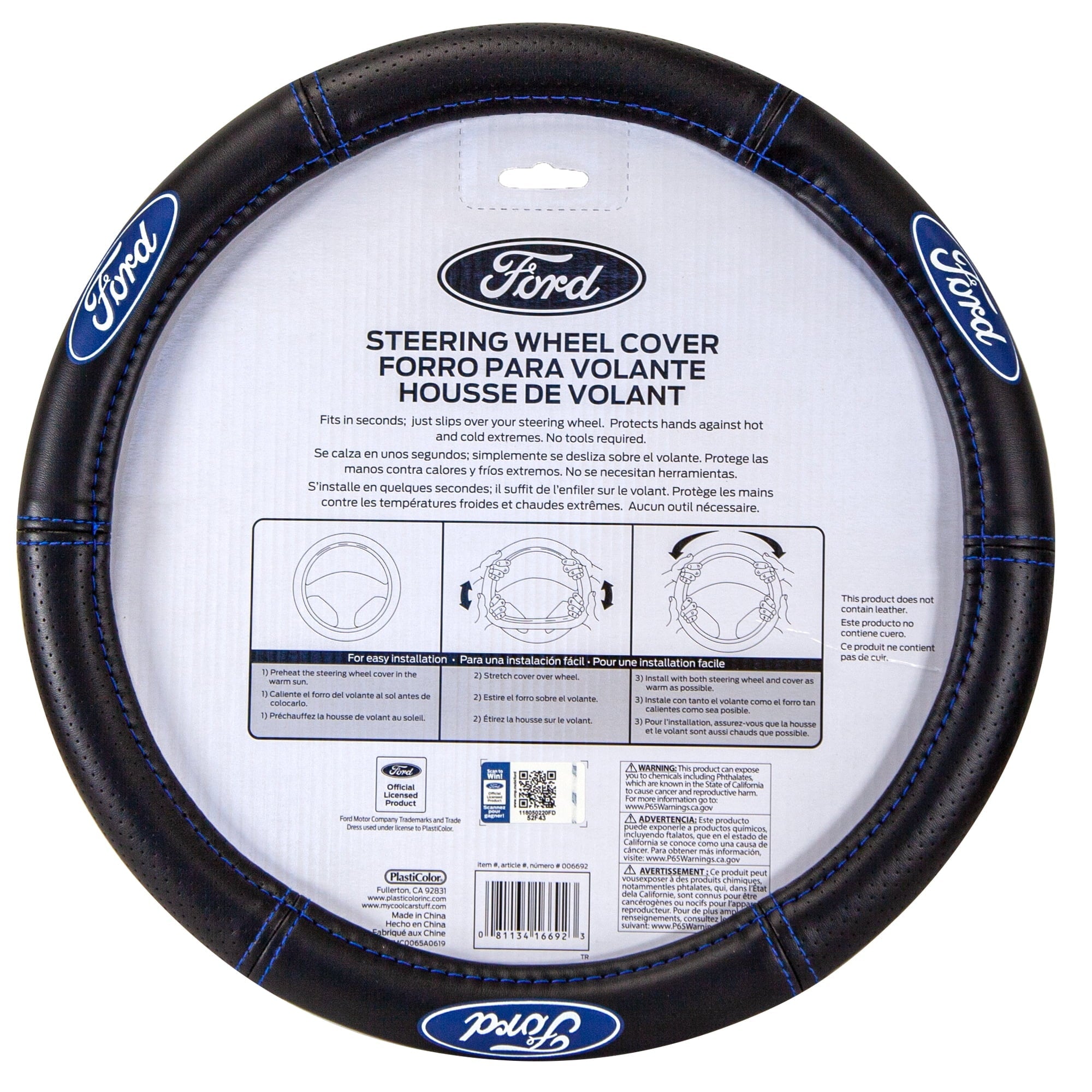 Plasticolor Ford Deluxe Series Universal Steering Wheel Cover, Black & Blue, 1 Pc, 1 lb