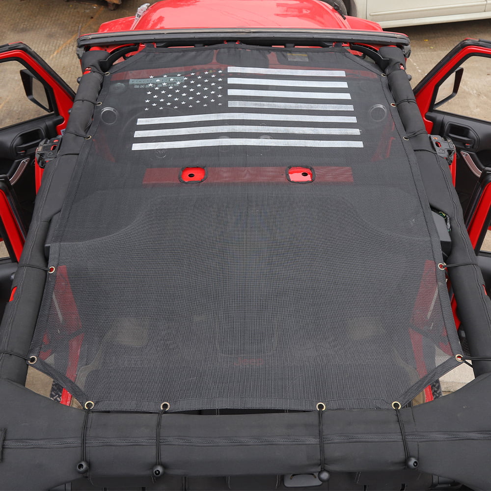 CheroCar Sun Shade Mesh Sunshade Bikini Top for Jeep Wrangler JK 2007-2017, Black US Flag