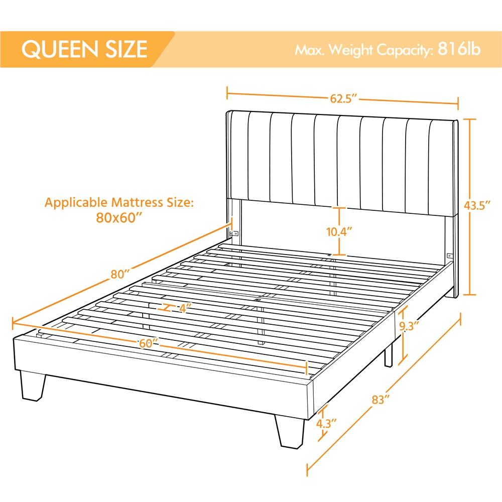 Topeakmart Queen Platform Bed with Upholstered Headboard & Mattress Foundation, Navy Blue