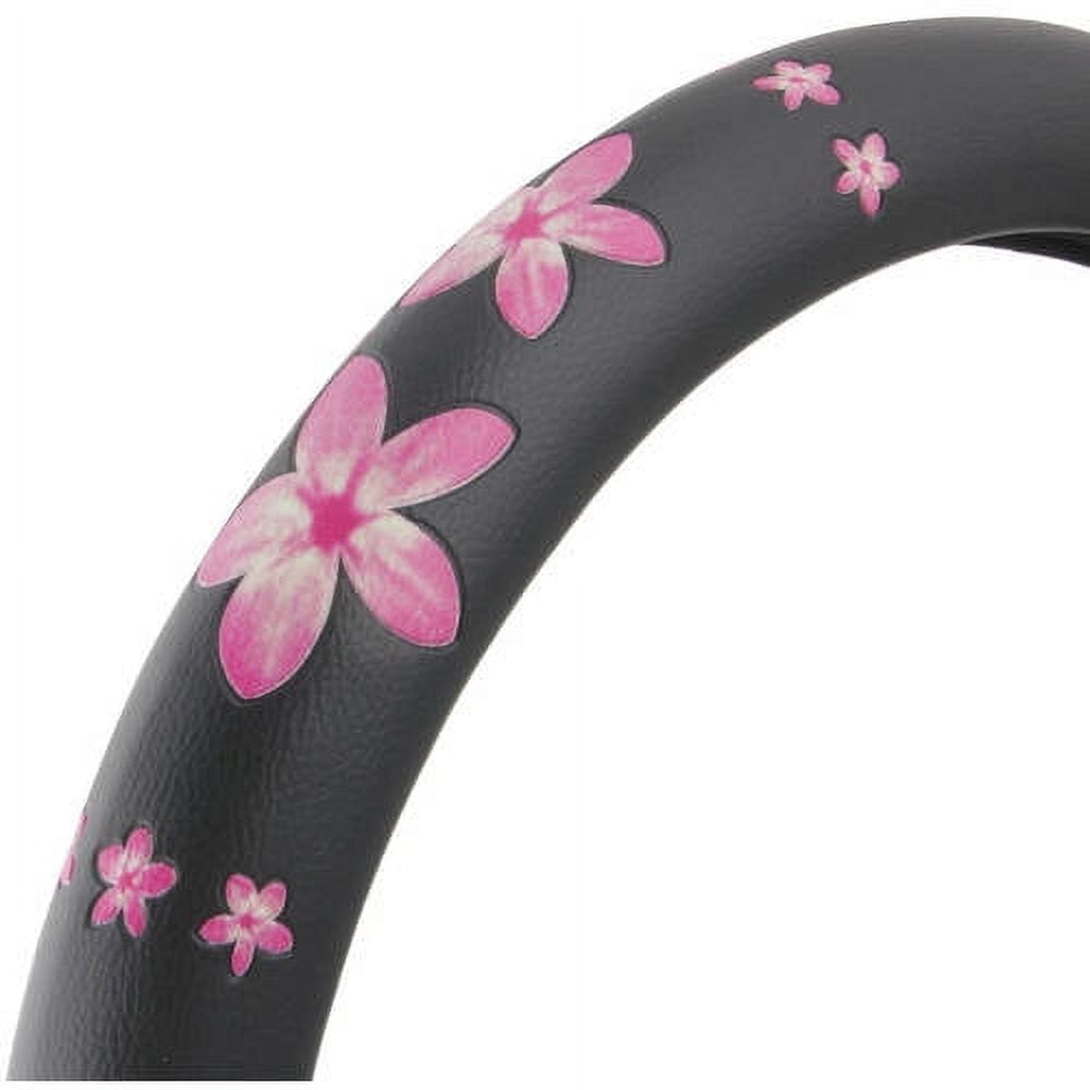 BDK Pink Floral Design Car Steering Wheel Cover, Standard Size 14.5 to 15.5"