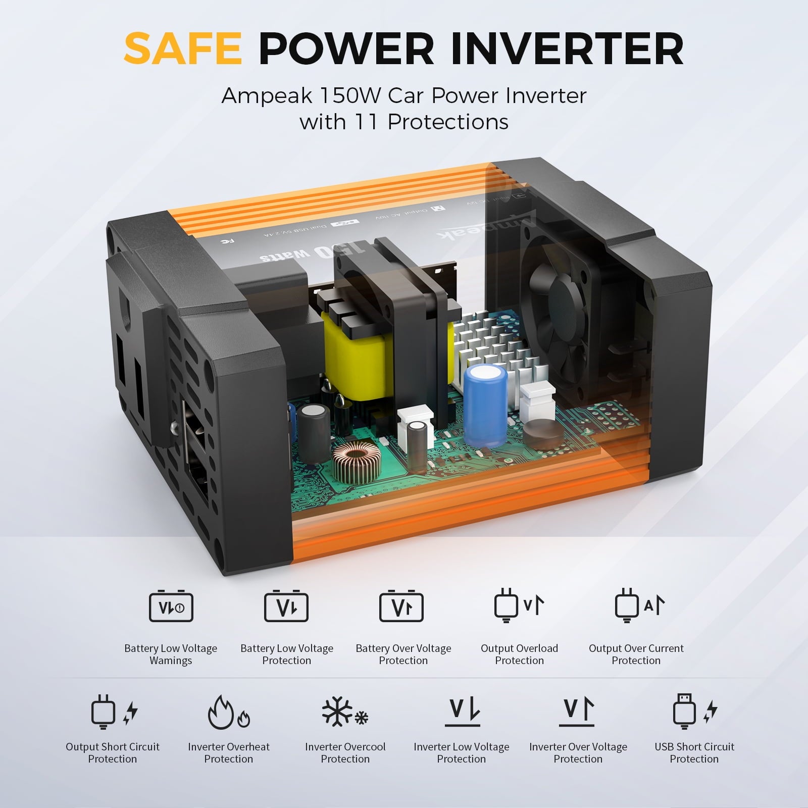 Ampeak 150W Car Power Inverter 11 Safe Protections DC 12V to AC 110V Car Converter 4.8A Dual USB