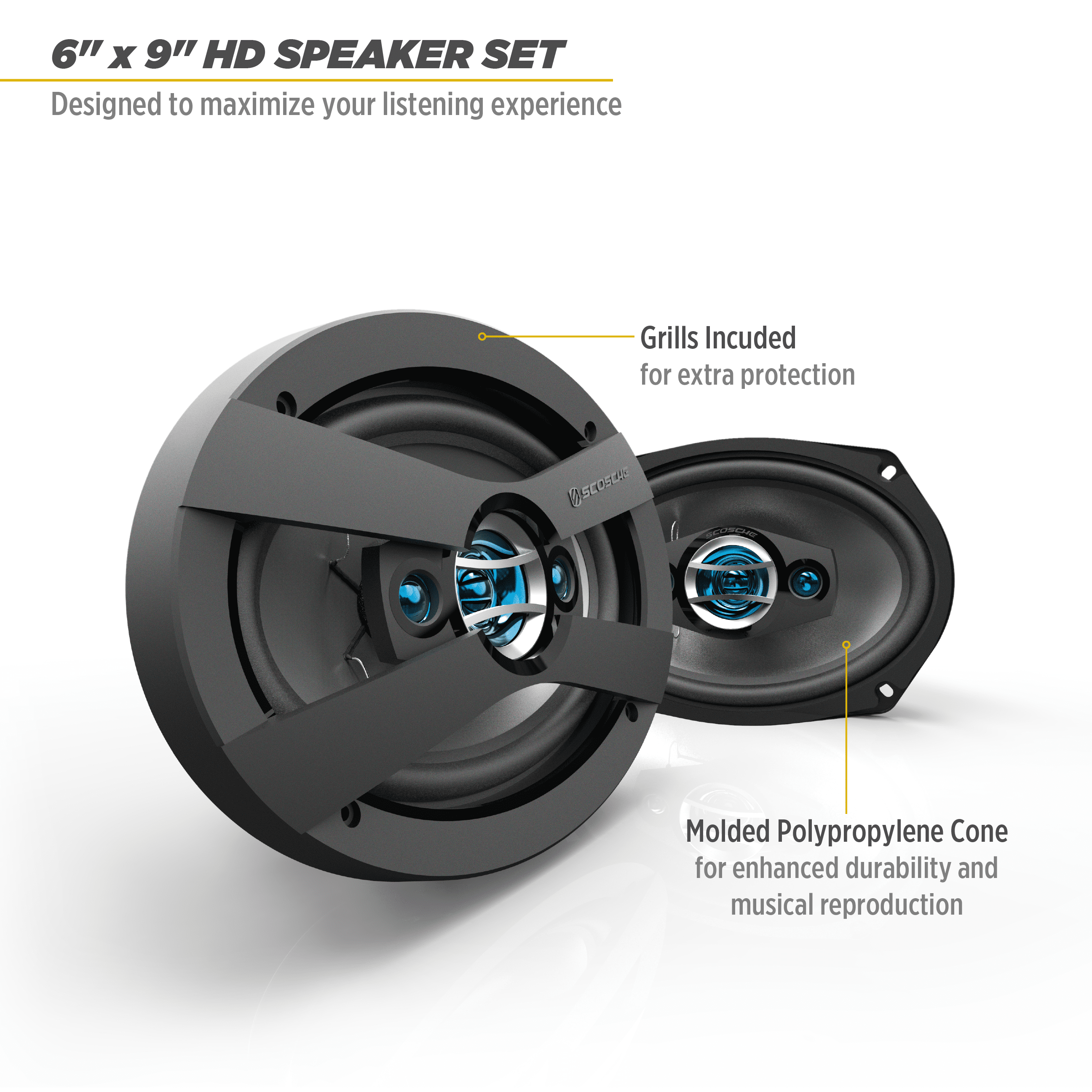 Scosche Hd6904sd 6" x 9"  Multi-Fit HD Coaxial 4-Way 300 Watt Peak Car Stereo Speakers, Set of 2