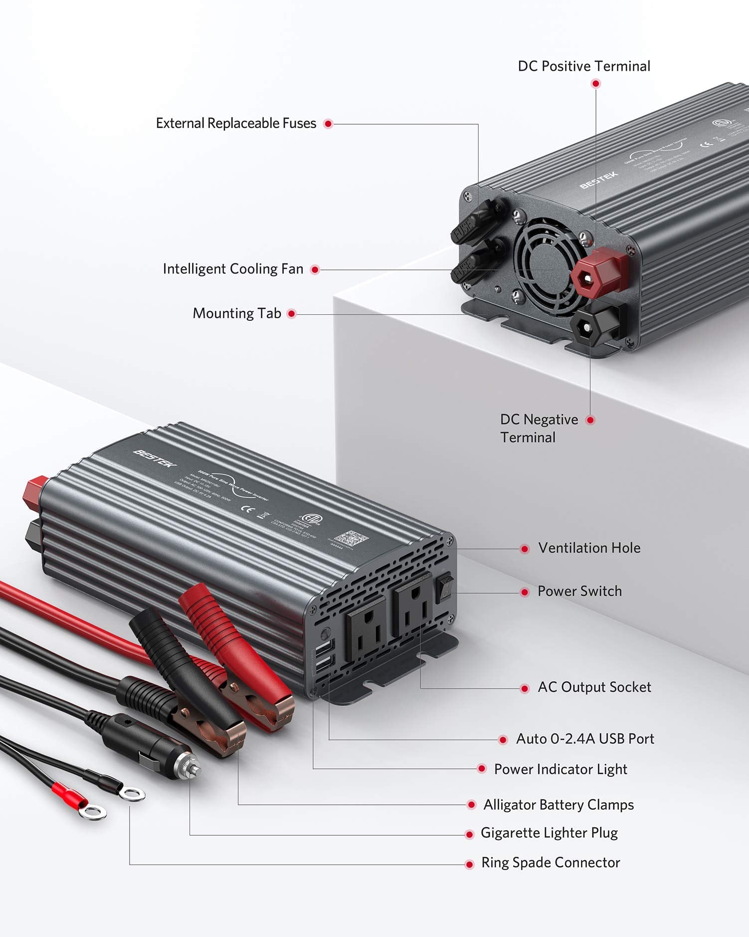 BESTEK 500W Pure Sine Wave Power Inverter DC 12V to 110V AC Car Plug Inverter Adapter Power Converter with 4.2A Dual USB Charging Ports and 2 AC Outlets Car Charger, ETL Listed, Grey