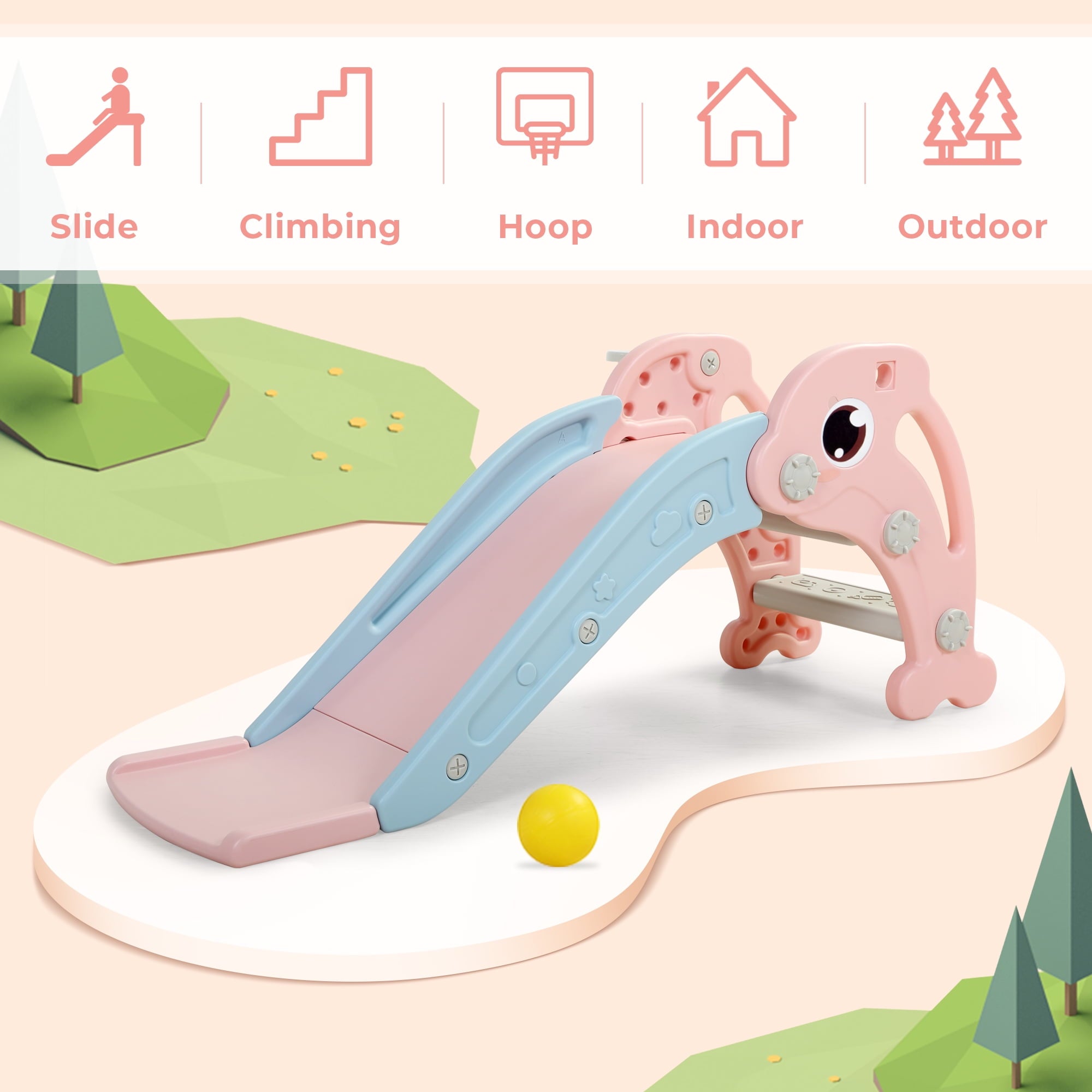 TOBBI 3 in 1 Toddler Slide Plastic Kids Slide with Climb Stairs | Basketball Hoop | Ball, Indoor Outdoor Games Fun Activity Playground Toy for Boys Girls