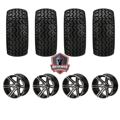 12" Yukon Black & Machined Golf Cart Wheels on Tires Combo (20x10-12) Set of 4