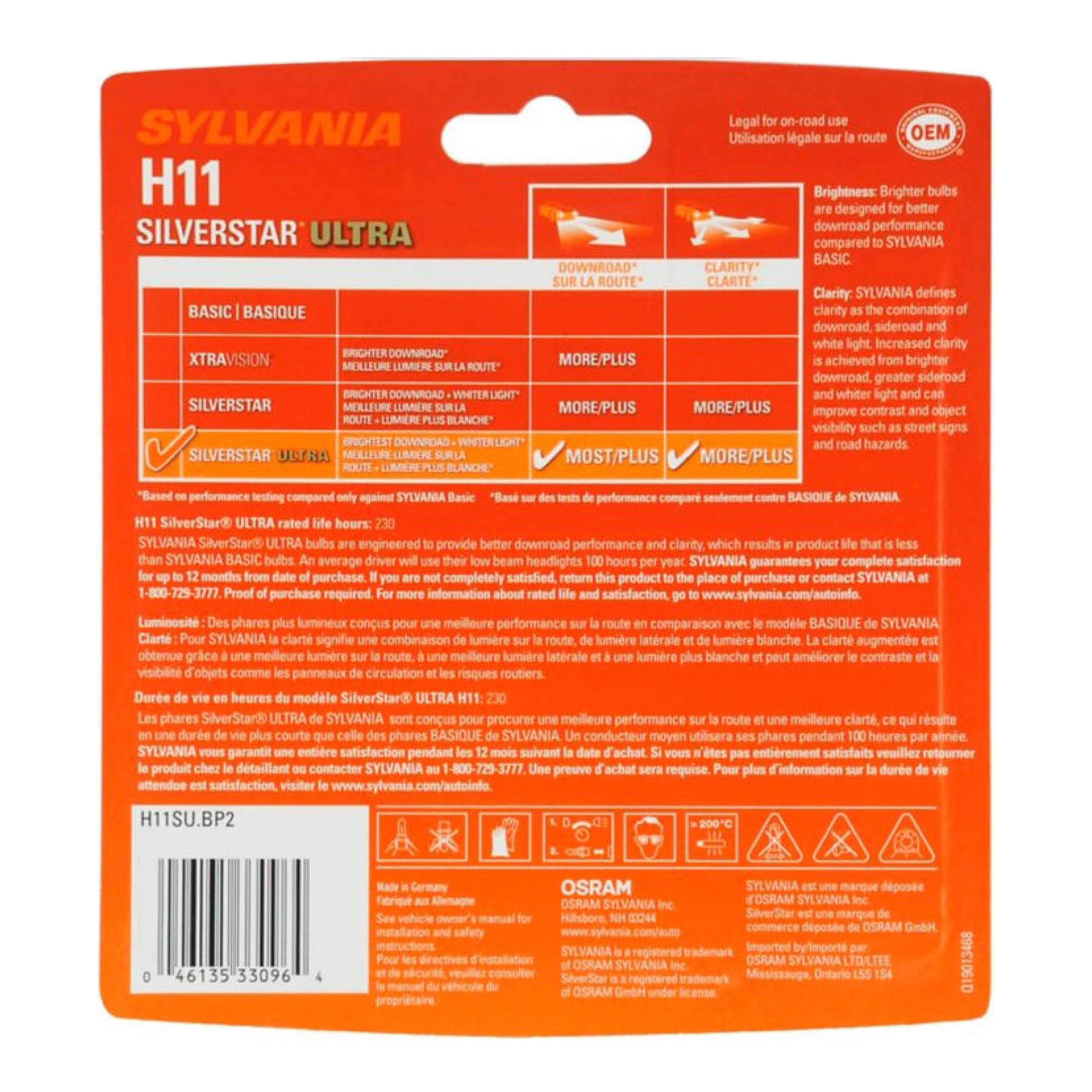 Sylvania H11 SilverStar Ultra Halogen Headlight Bulb, Pack of 2.