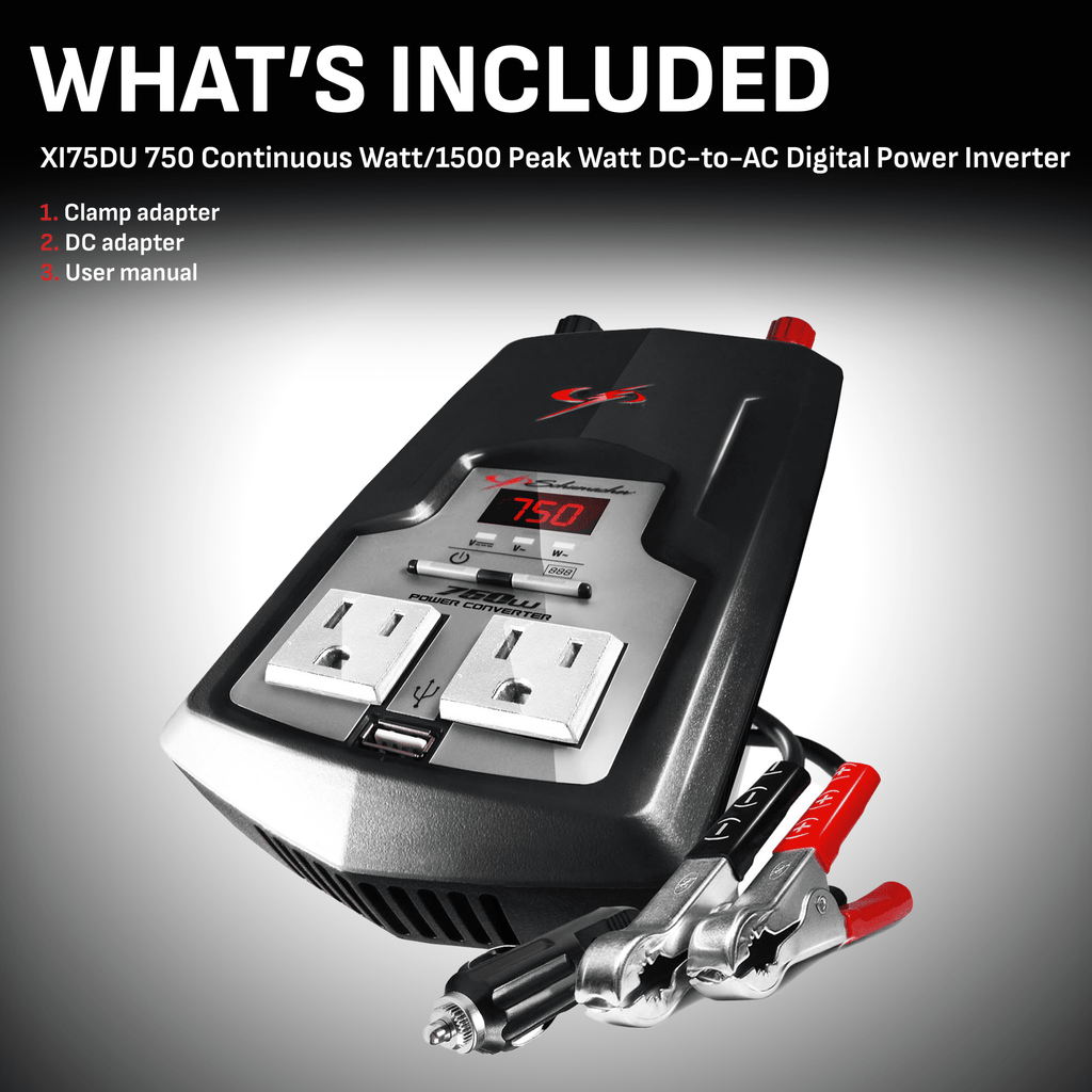 Schumacher 750 Continuous Watt/1500 Peak Watt DC-to-AC Digital Power Inverter – LED Display and Built-in Safety Features