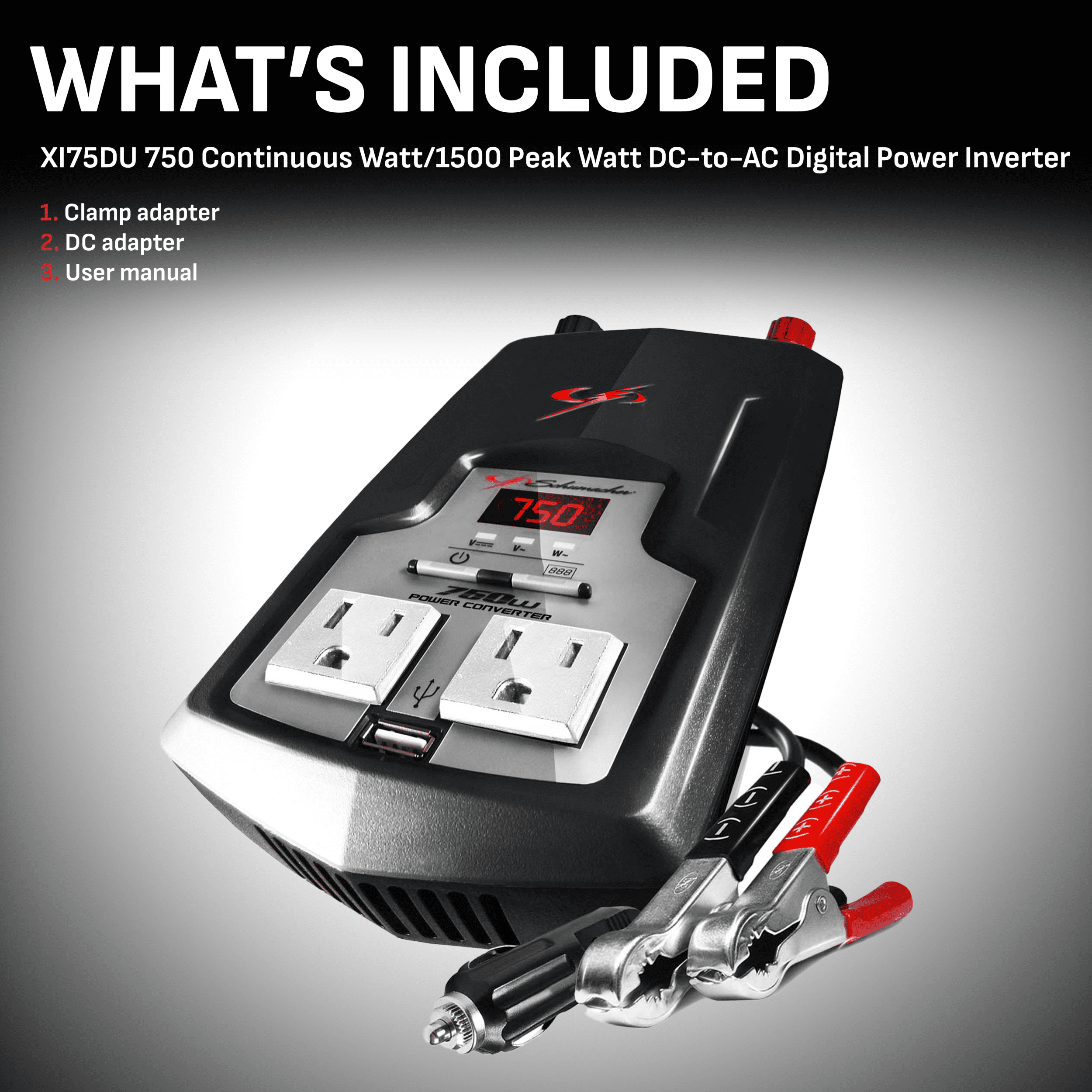 Schumacher 750 Continuous Watt/1500 Peak Watt DC-to-AC Digital Power Inverter – LED Display and Built-in Safety Features