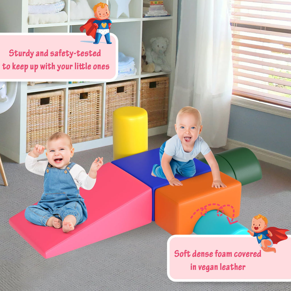 6-Piece Kids Soft Play Corner Climbers Foam Play Set Indoor Climbers for Toddler 1-3,Pink/Blue