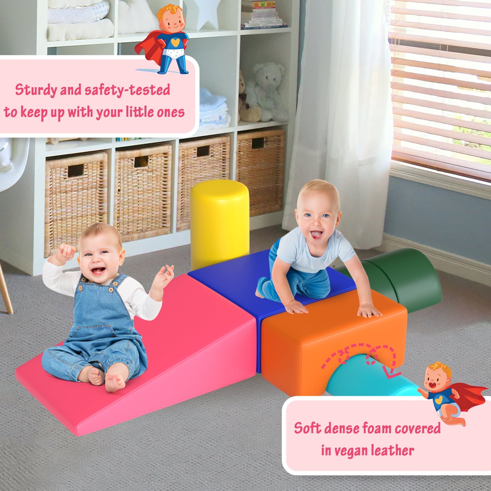 6-Piece Kids Soft Play Corner Climbers Foam Play Set Indoor Climbers for Toddler 1-3,Pink/Blue