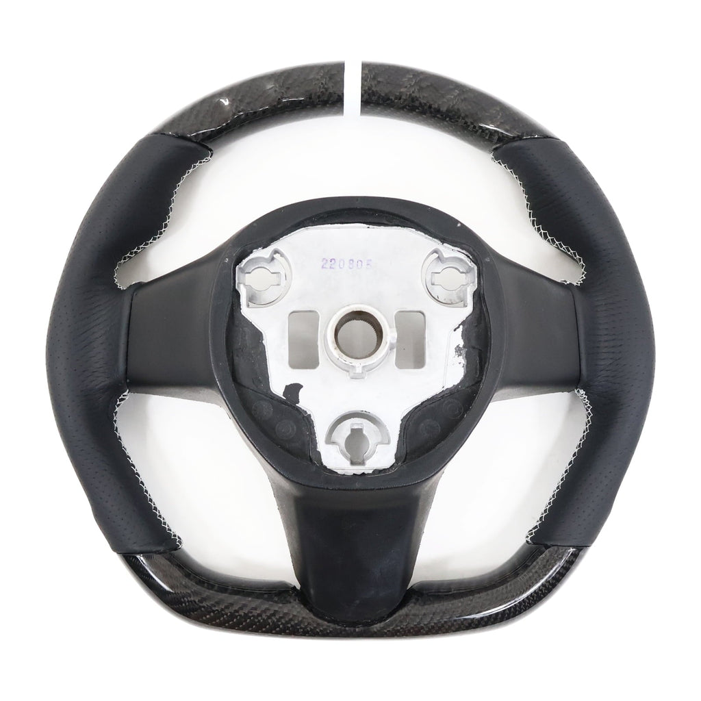 Ikon Motorsports Steering Wheel Compatible with 17-23 Tesla Model 3 Y Carbon Fiber & Perforated Leather With White Stitching & Stripe Steering Wheel Cover