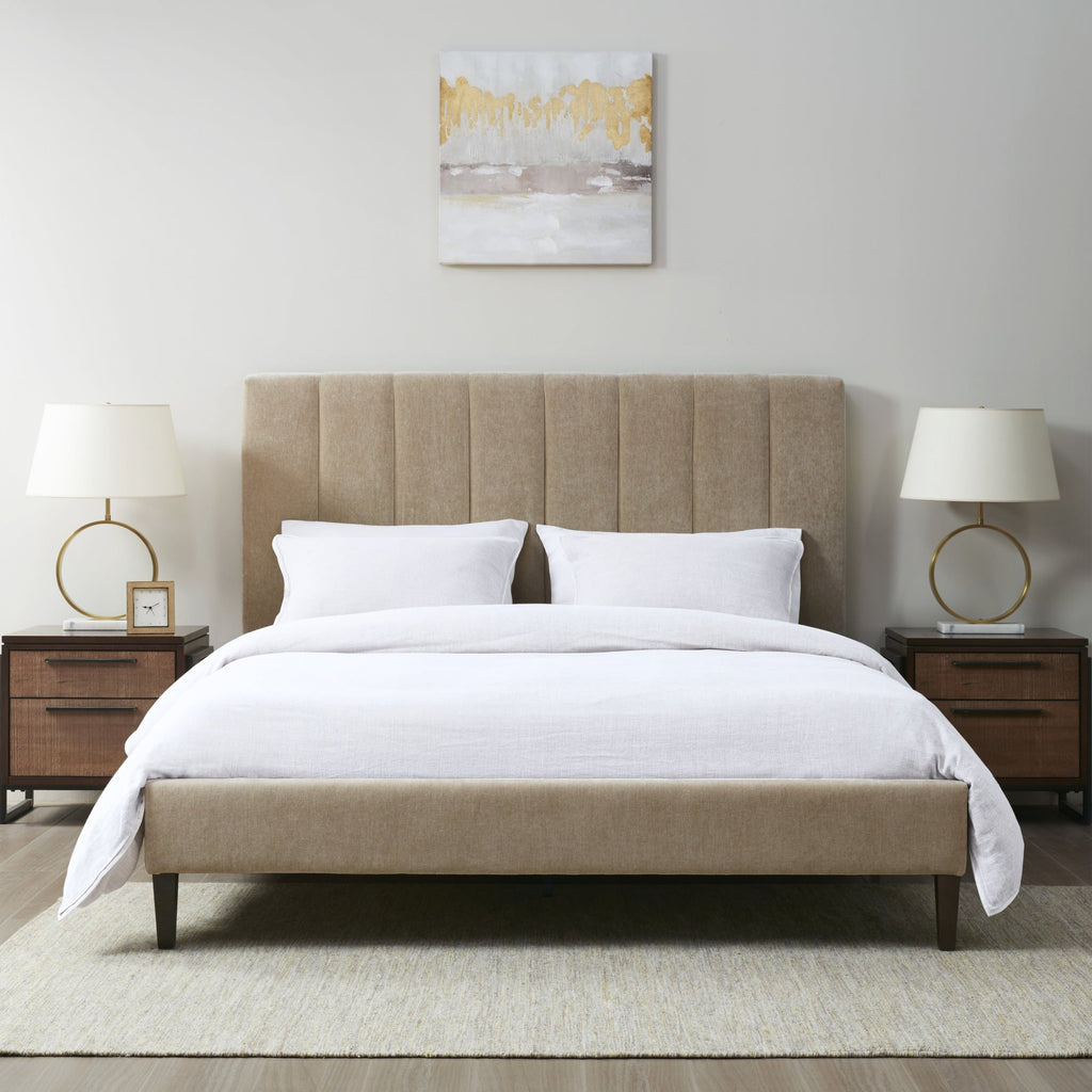510 Design Queen Headboard with Platform Bed and Wood Slats Modern Channel Tufted Upholstered Tan