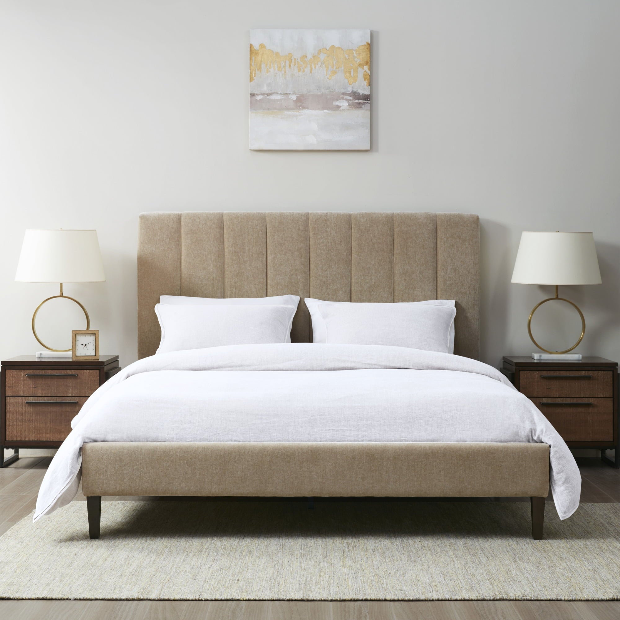 510 Design Queen Headboard with Platform Bed and Wood Slats Modern Channel Tufted Upholstered Tan