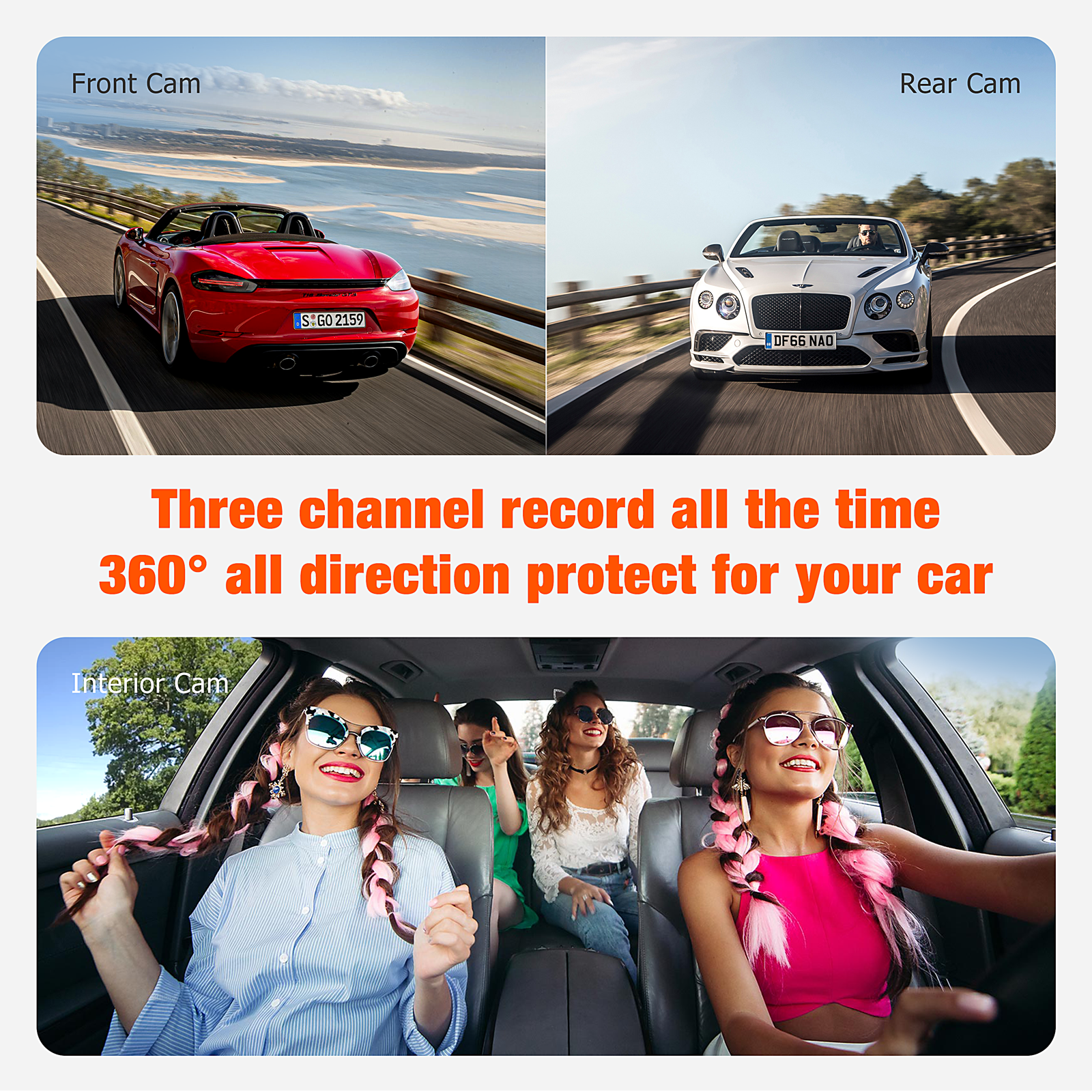 TOGUARD 3 Channel  Dash Cam 1080P Dash Cam Front and Rear， with 64GB SD Card Infrared Night Vision Car Camera, WDR, Emergency Lock, Parking Monitor