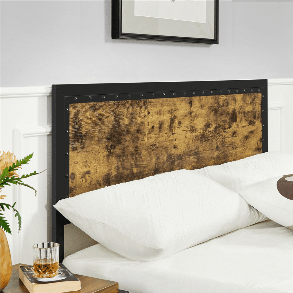 Topeakmart Industrial Metal Bed Frame with Wooden Headboard and Footboard, Queen Size, Rustic Brown