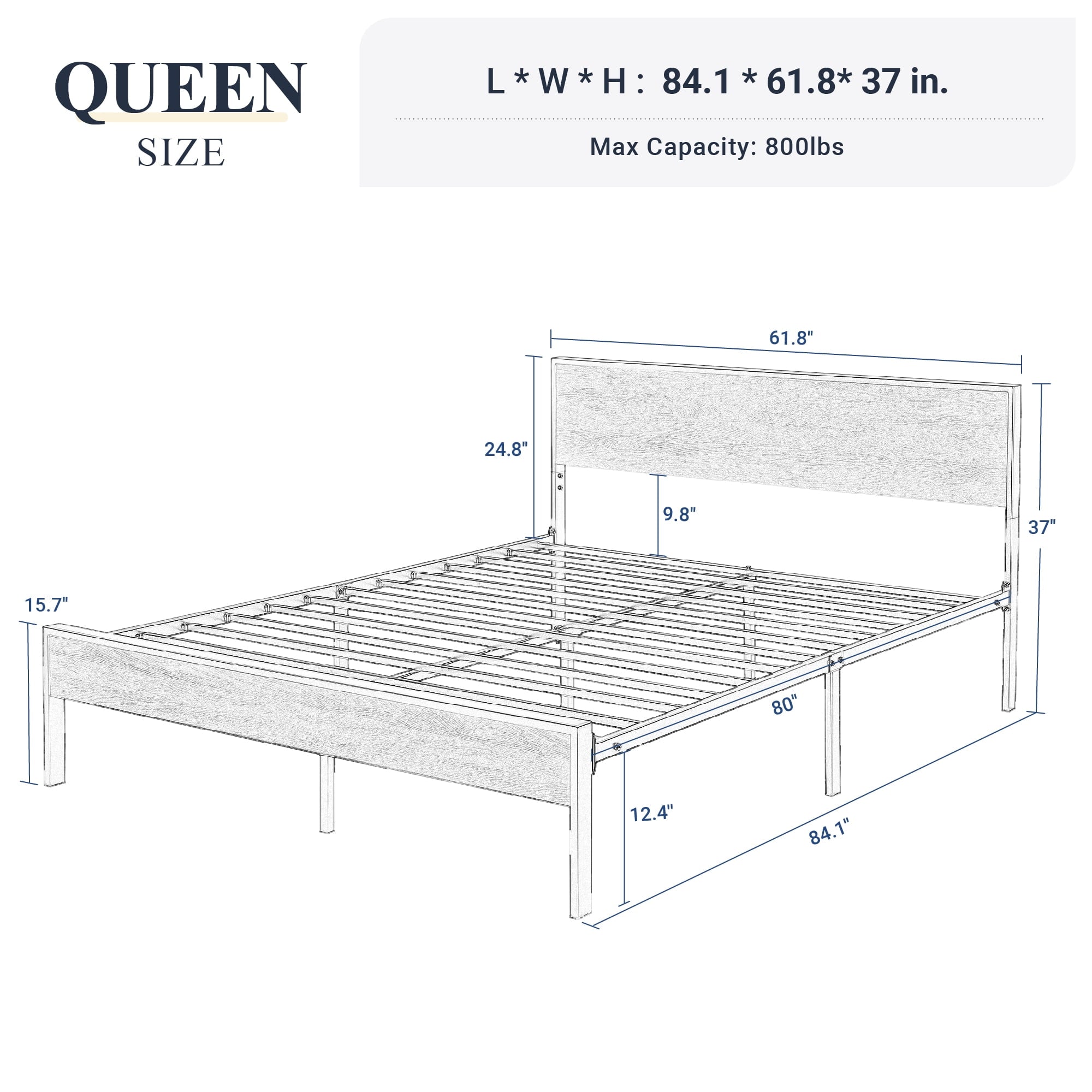 Allewie Queen Size Heavy Duty Bed Frame with Black Oak Headboard, Engineered Wood, 12'' Under Bed Storage