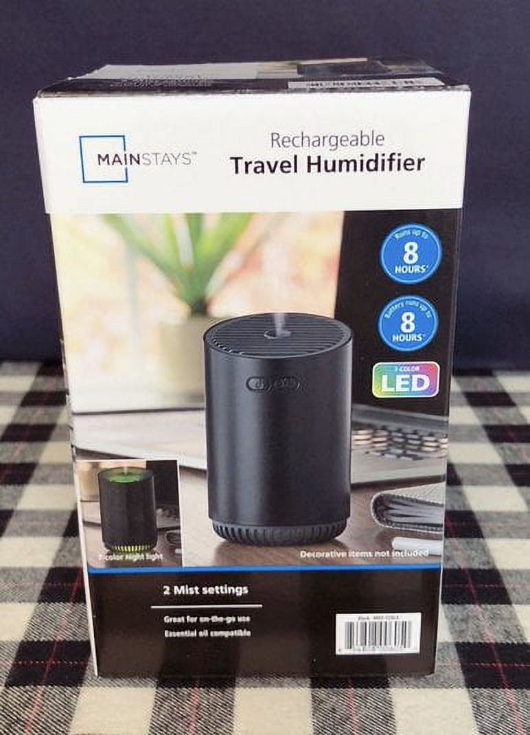 Mainstays Rechargeable Cool Mist Travel Humidifier 320 ml with 7-color LED Lights, MHD-02BLK, Black