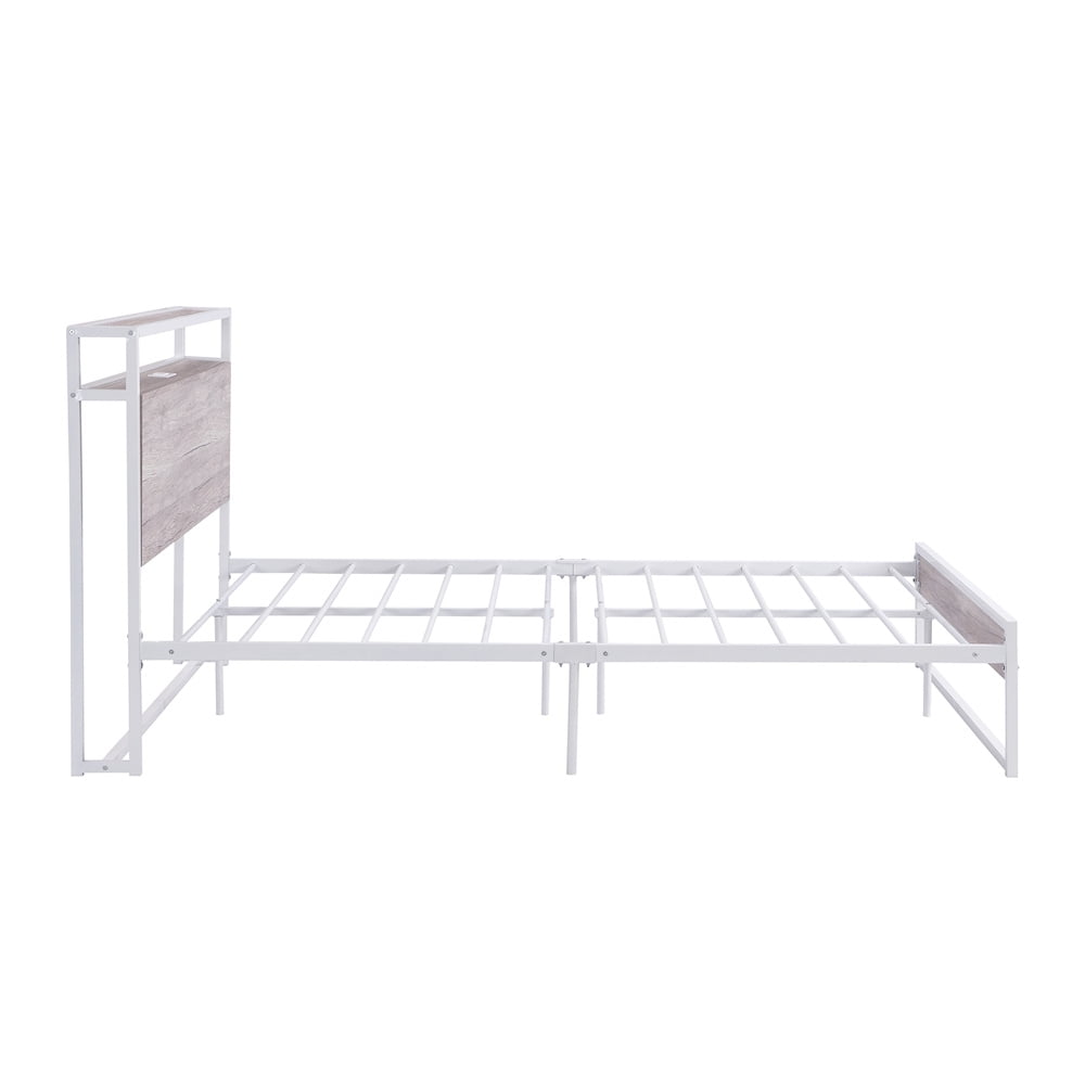 Metal Platform Bed with Sockets & USB Ports, Full Size Platform Bed Frame with 2 Shelves & Headboard & Footboard, Low Platform Bed Mattress Foundation with Under Bed Storage No Box Spring Needed White