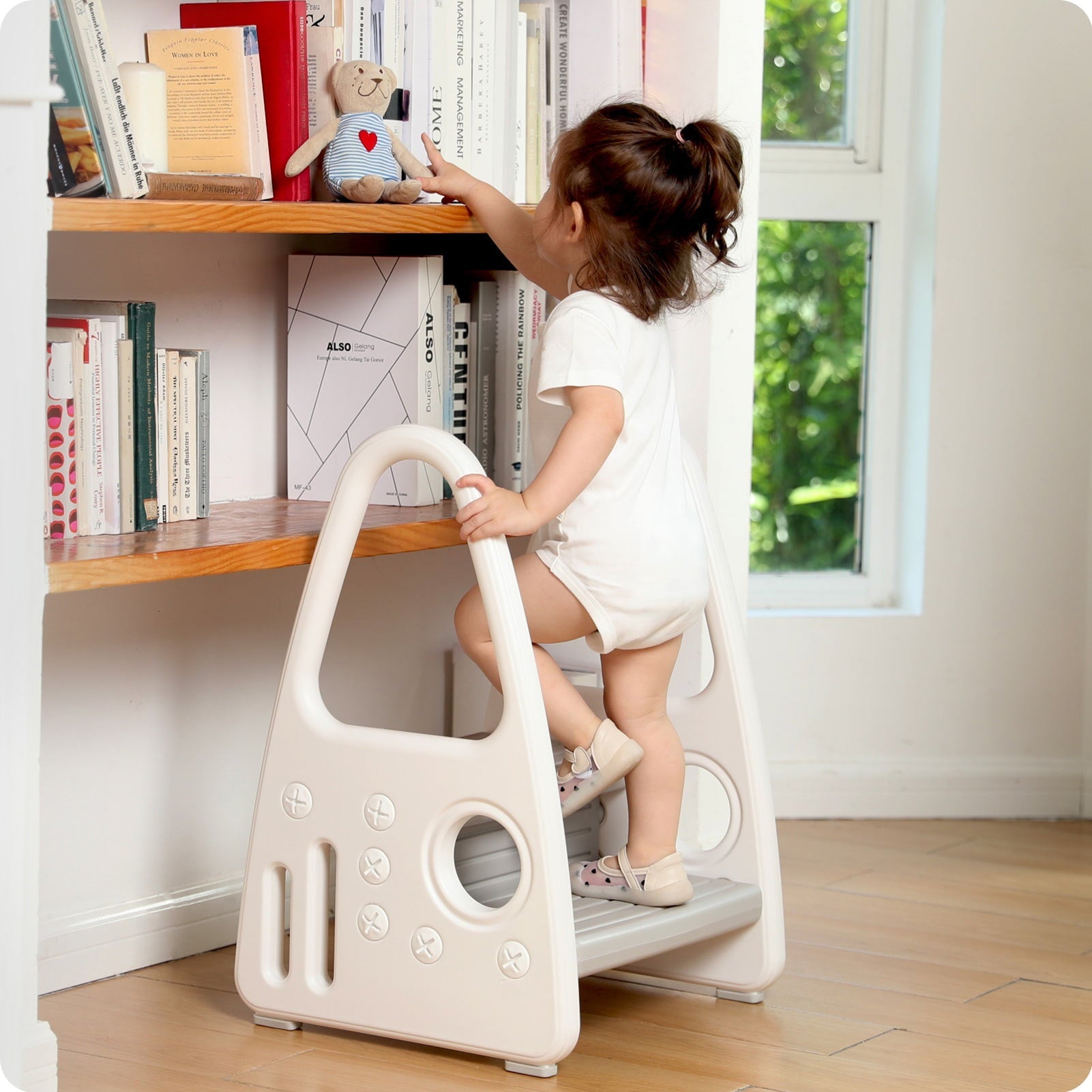 Mangohood Toddler Step Stool, Kids Two Step Tower for Bathroom Sink, Toilet Potty Training, Kitchen Counter, Children Step Up Learning Helper with Safety Handles and Non-Slip Pads,Gray