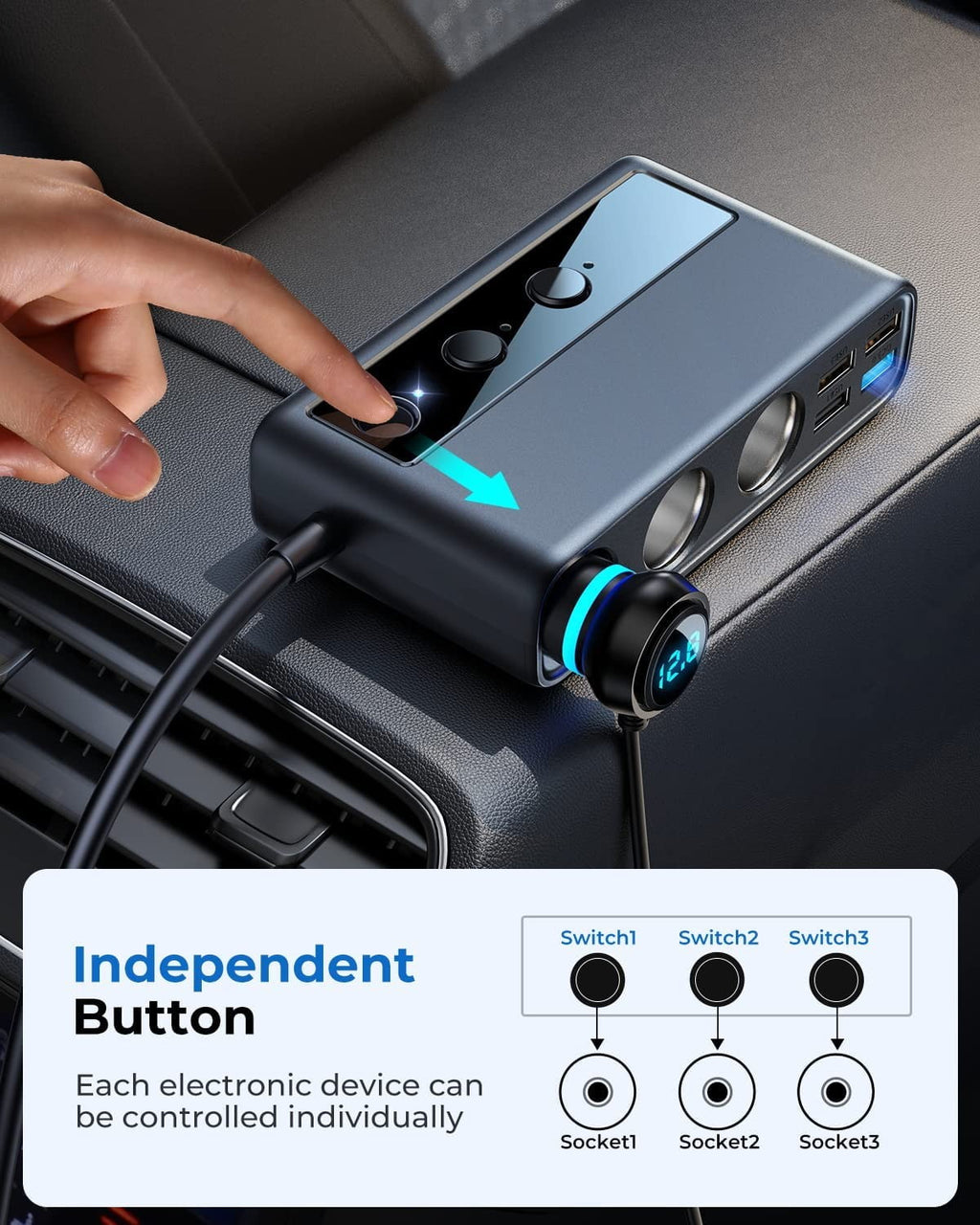 JOYROOM 3 Socket Car Cigarette Lighter Adapter, 154W PD & QC 3.0 Fast USB Car Charger, 12V/24V DC Outlet Cigarette Lighter Splitter with Individual Switches for All Car Devices