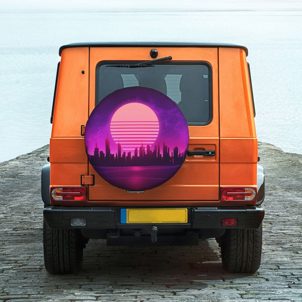 DouZhe Waterproof Spare Tire Cover, Cyberpunk City Night Landscape Prints Adjustable Wheel Covers Fit for Jeep Trailer RV SUV Car, 14 inch