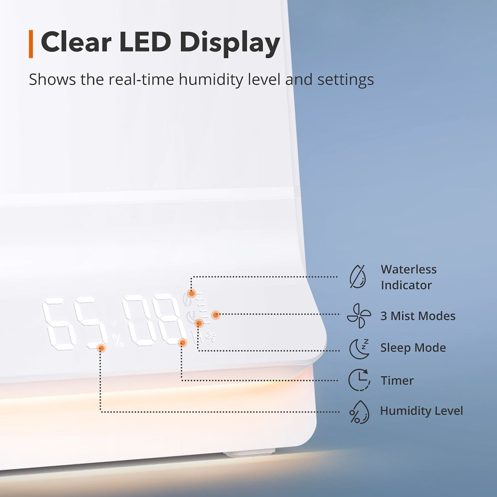 TaoTronics Humidifiers 6L Ultrasonic Cool Mist Humidifier with Humidistat, LED Display, Sleep Mode, 26dB Whisper Quiet, White