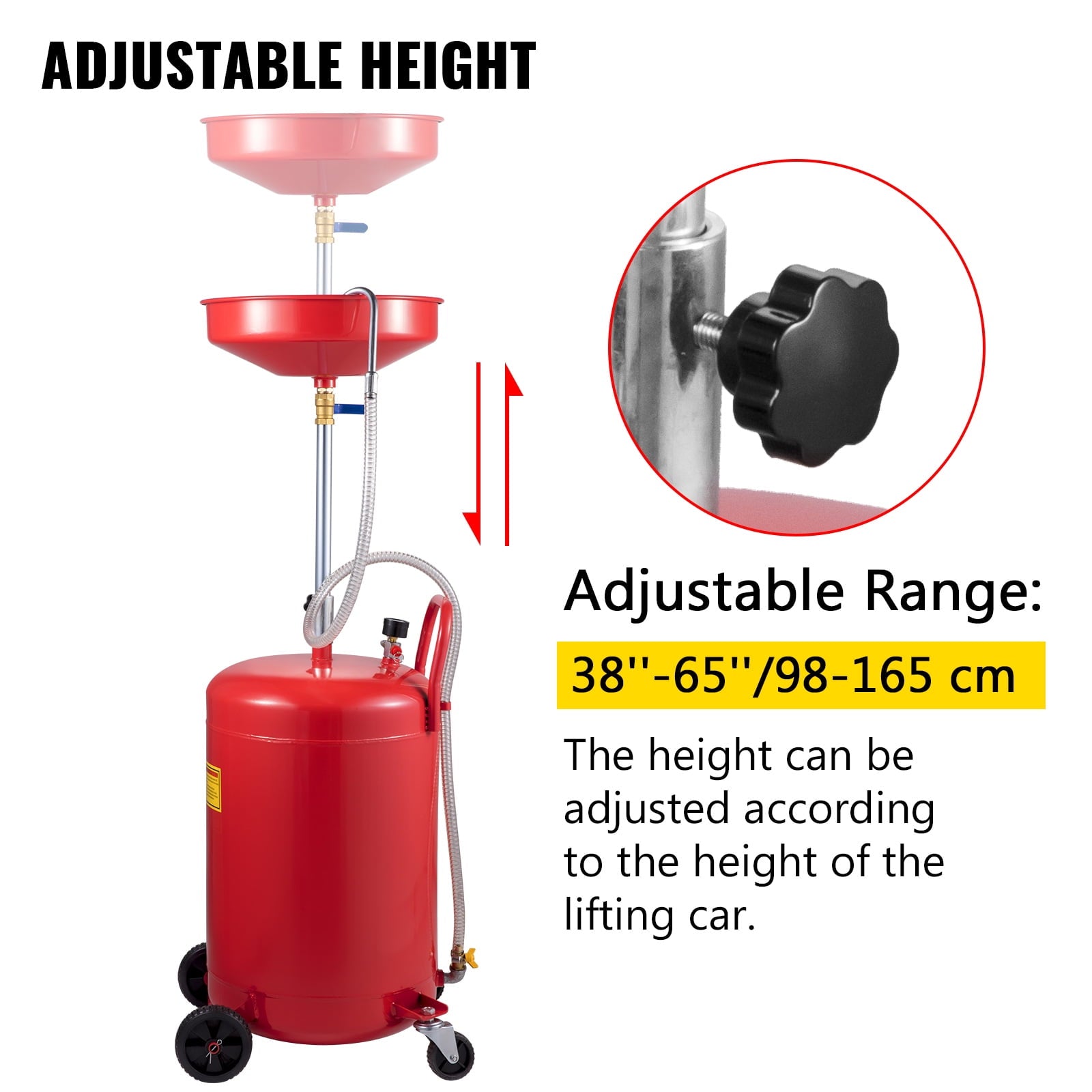 VEVOR Waste Oil Drain Tank 20 Gallons Portable Air Operated Drainer, Container, Fluid Fuel Transfer Drainage, Adjustable Funnel Height, with Wheel