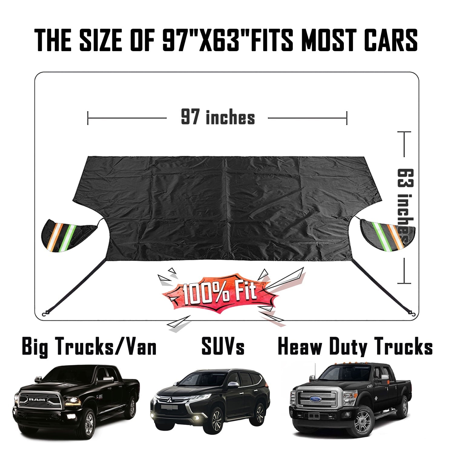 Chanvi Windshield Snow Ice Cover Extra Larger Size 97"x 63" Cover with 3 Layers Material Waterproof Sun Protection All Cars, Trucks, SUVs, Mpvs (Black, 97"x 63")