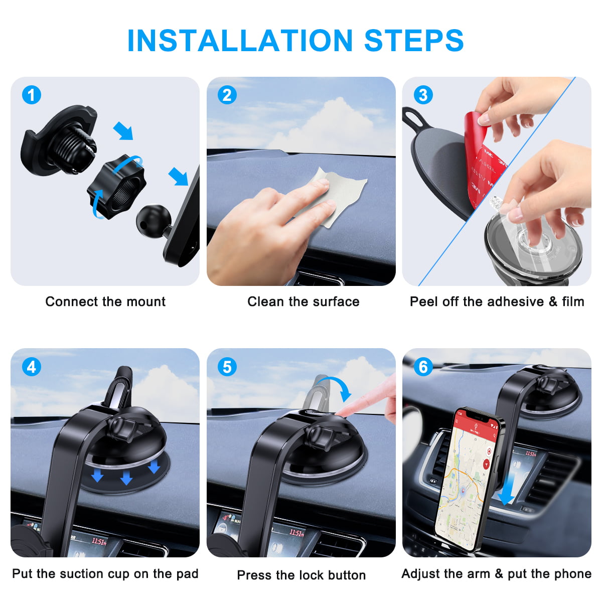 Suction Cup Phone Holder for Socket, pop-tech Dashboard Car Phone Mount for Collapsible Grip & Sticky Adhesive for Expanding Stand Black