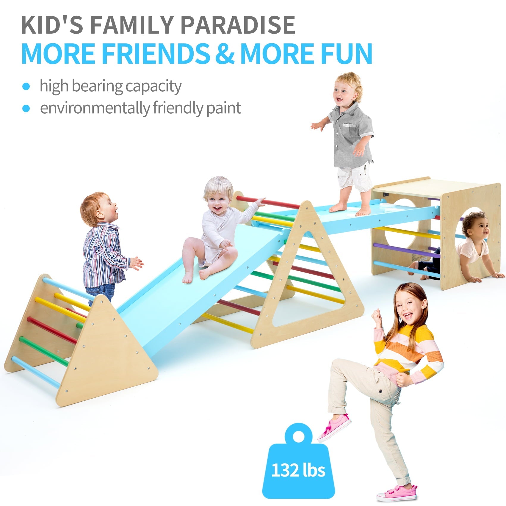 Set of 5 wooden triangle climbing toys indoor for toddler, 1 square and 2 triangle Climber with 2 Ramp for climbing sliding and walking, 5 in 1 toddler play equipment for indoor playground play gym
