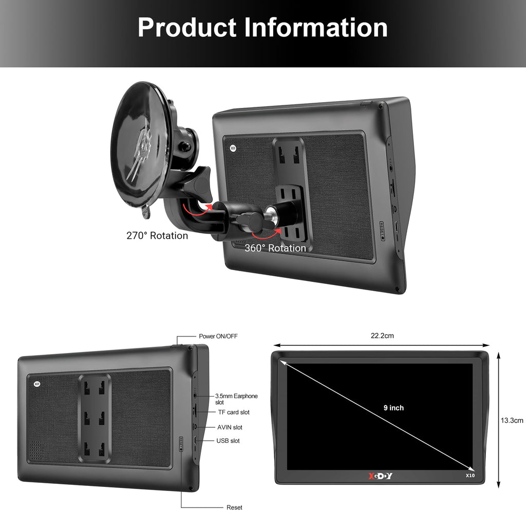 XGODY Bluetooth Truck GPS 9" Big Screen GPS Navigation for Car with Voice Command,3D & 2D Maps,Free Lifetime Map Update