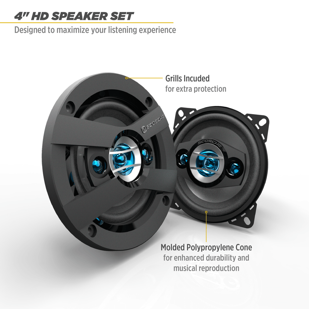 Scosche Hd4004sd Hd 4 in. 4-Way Coaxial 120 Watts Max Car Stereo Speakers, Pair New