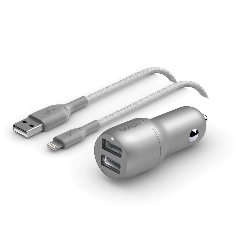 Belkin 24 Watt Dual USB Car Charger - 2 12W USB A Ports with Braided LGT Cable for Fast Charging Apple iPhone 14, 14 Pro, 14 Pro Max, iPhone 13, Samsung Galaxy, AirPods & More - USB-C Charger, Silver