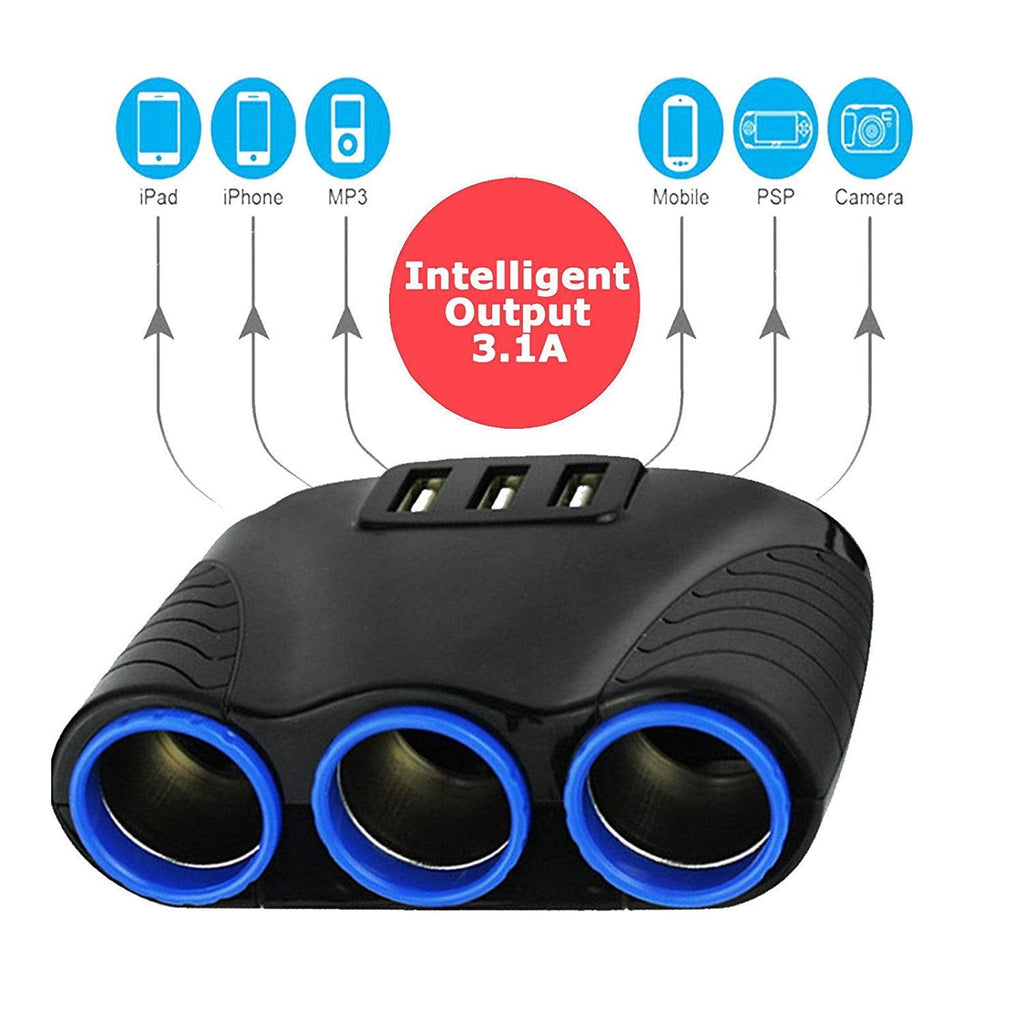 120W 3-Socket 3 USB Charging Port Cigarette Lighter Splitter, EEEkit Car Charger Power Adapter with Blue LED Light, DC 12V/24V Multi-Power Outlet Fit for GPS, Dash Cam, Smart Phones, iPad