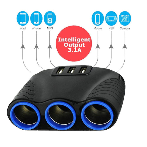 120W 3-Socket 3 USB Charging Port Cigarette Lighter Splitter, EEEkit Car Charger Power Adapter with Blue LED Light, DC 12V/24V Multi-Power Outlet Fit for GPS, Dash Cam, Smart Phones, iPad