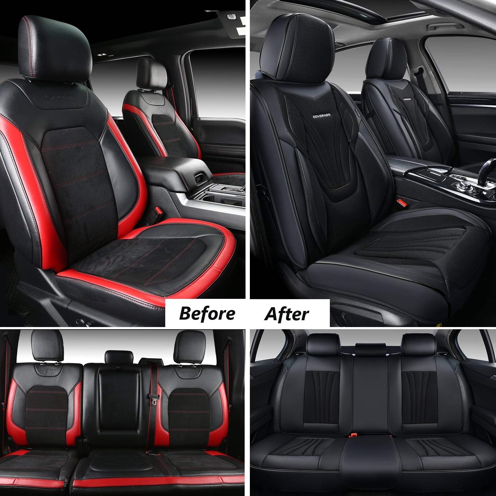 Coverado Seat Cover Full Set, Front and Back Car Seat Protectors, 5 Seats Car Seat Cushions, Breathable Magna Fabric Leather, Universal Fit for Most Cars, SUVs and Trucks, Black