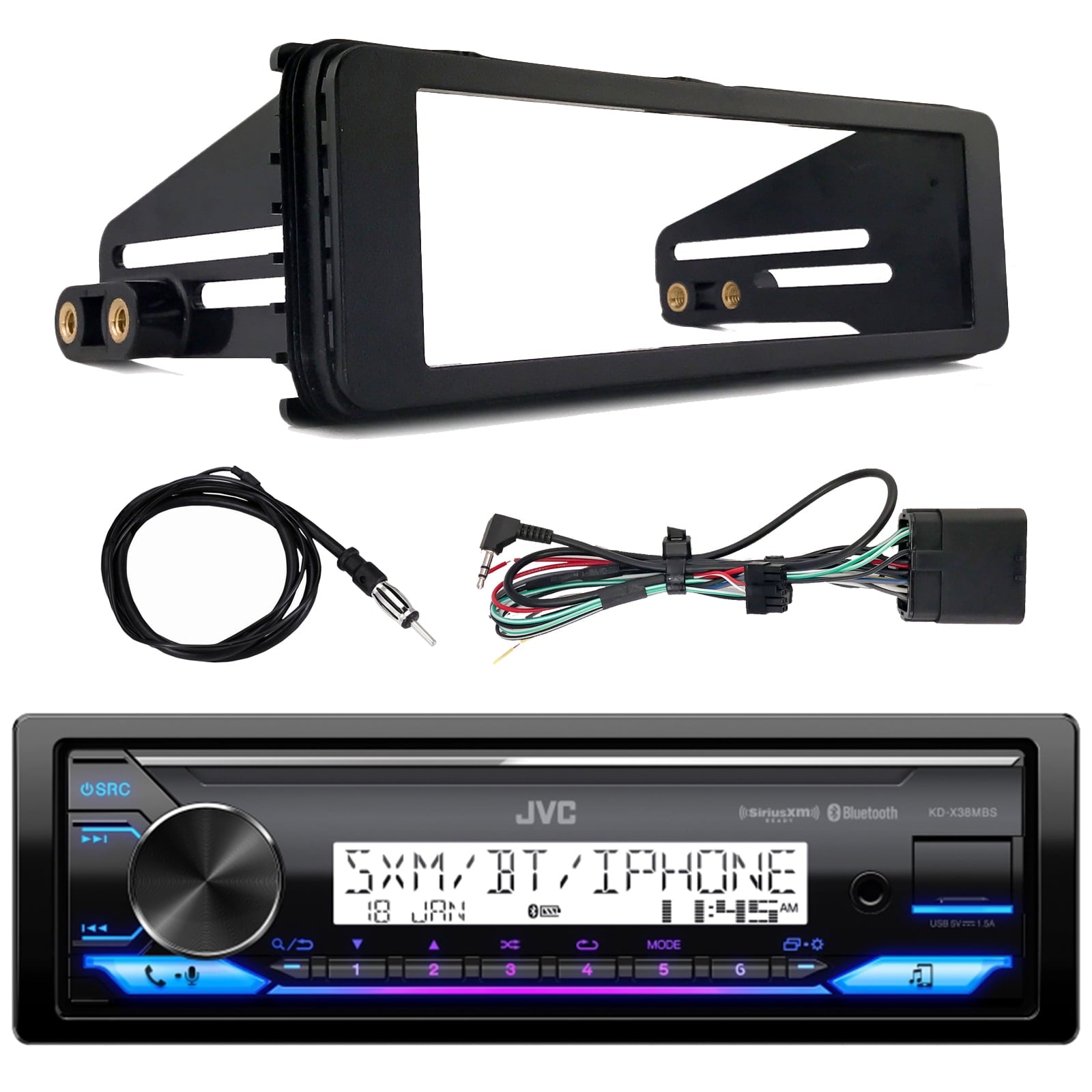 JVC KD-X38MBS Single DIN Marine MotorSports Bluetooth USB AUX LED AM/FM Radio Stereo SiriusXM Ready Amazon Alexa Receiver, Enrock Harley Davidson Single-DIN Stereo Installation Kit Fits, Antenna