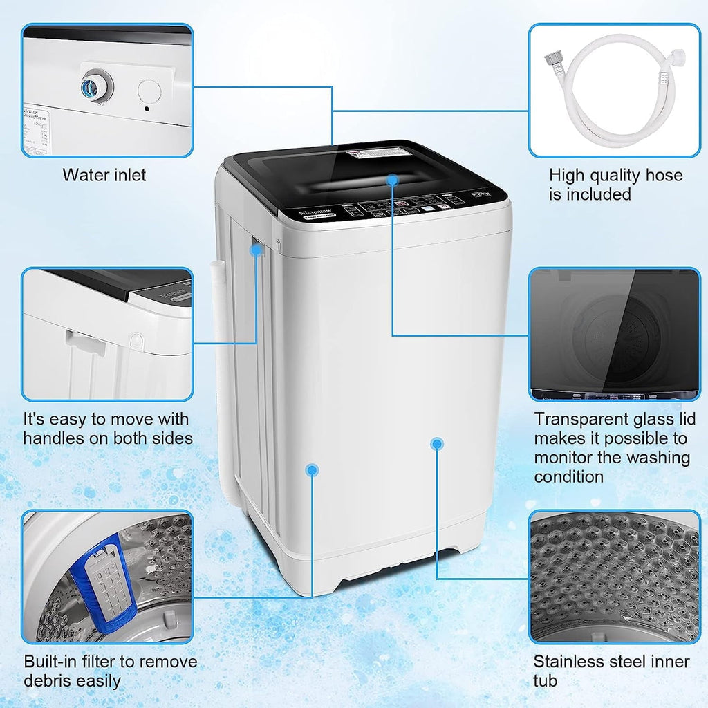 Qhomic Portable Washing Machine, 1.9 Cu.ft Fully Automatic Compact Washer, 10 Wash Programs Washer with Drain Pump, Faucet Adapter, Ideal for Apartments, RVs, Camping, Sapphire Grey