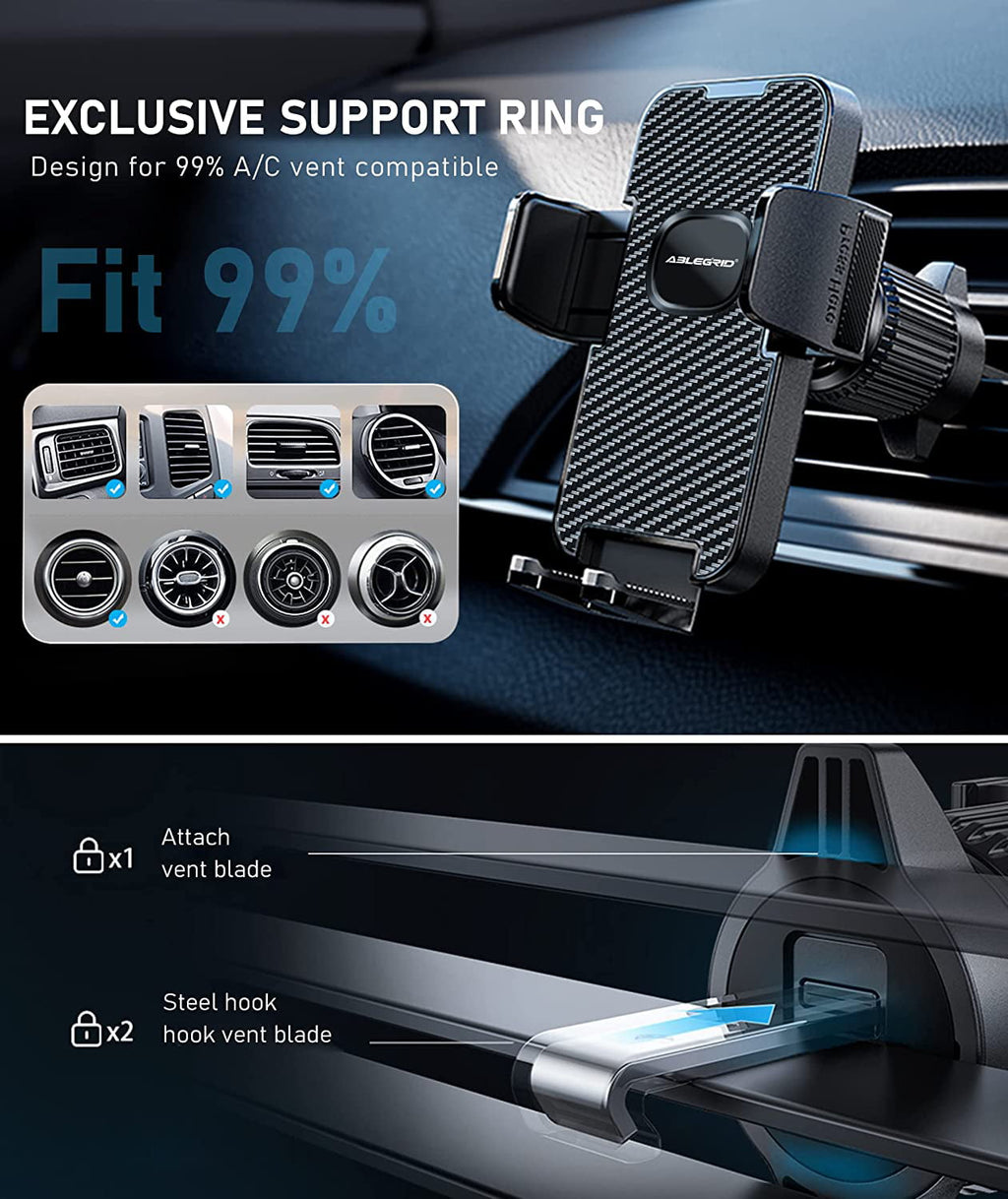 ABLEGRID Car Phone Mount, [Bumpy Roads Friendly] Powerful Suction Cup Phone Holder for Car Dashboard Windshield Air Vent Hands Free Clip Cell Phone Holder Compatible with All Mobile Phones