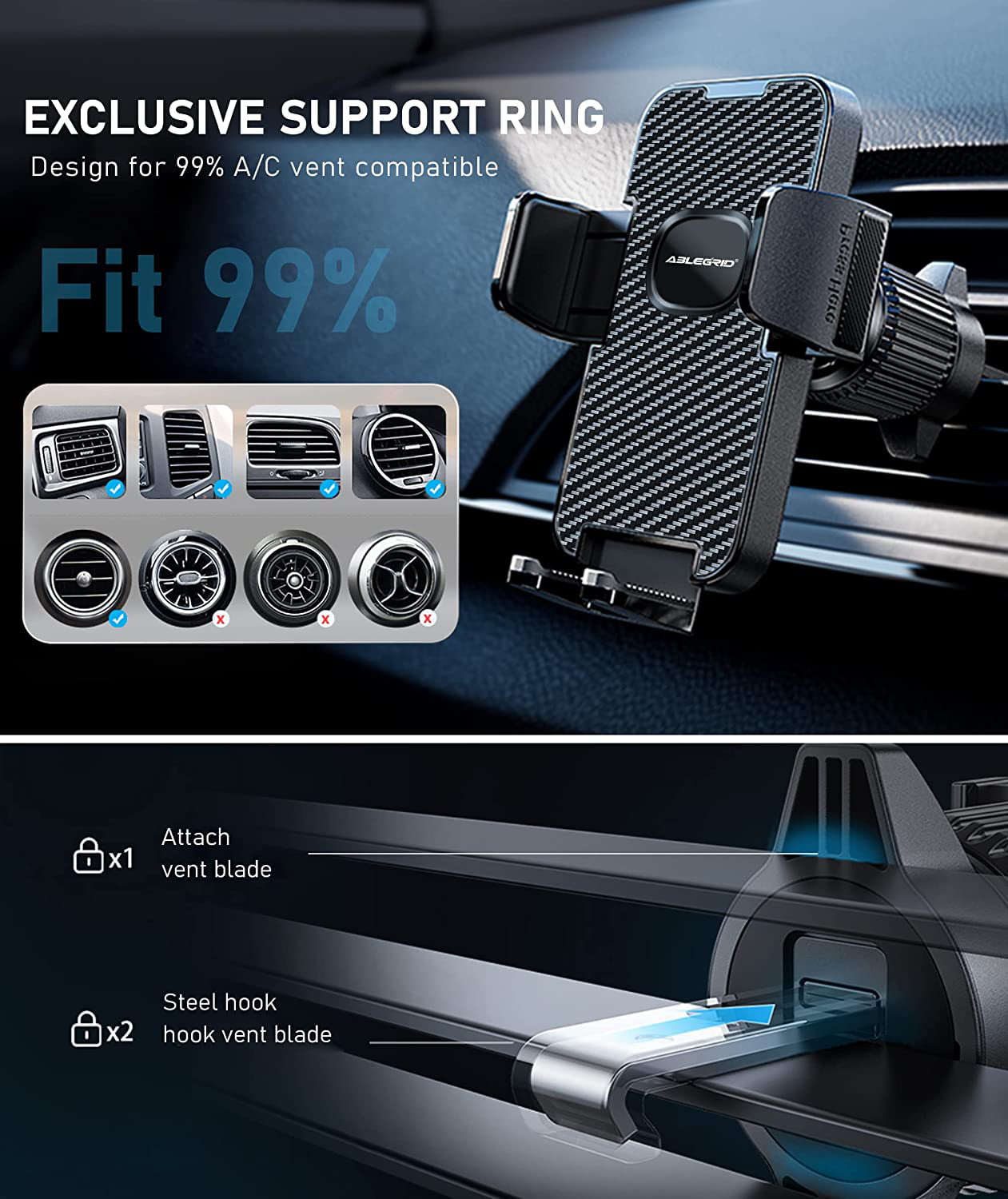 ABLEGRID Car Phone Mount, [Bumpy Roads Friendly] Powerful Suction Cup Phone Holder for Car Dashboard Windshield Air Vent Hands Free Clip Cell Phone Holder Compatible with All Mobile Phones