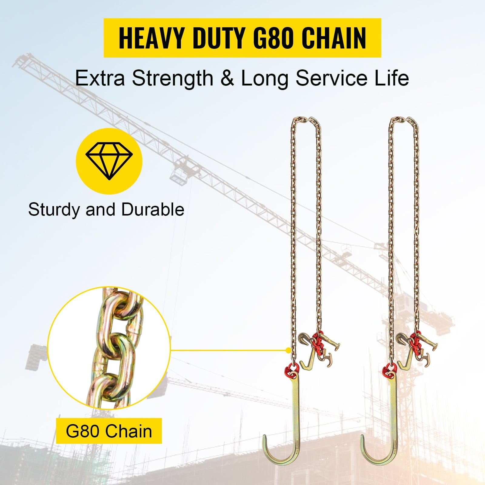 BENTISM 5/16"x10' Long Shank J Hook Tow Chain w/ 15" Large J Hooks & RTJ Hooks X2