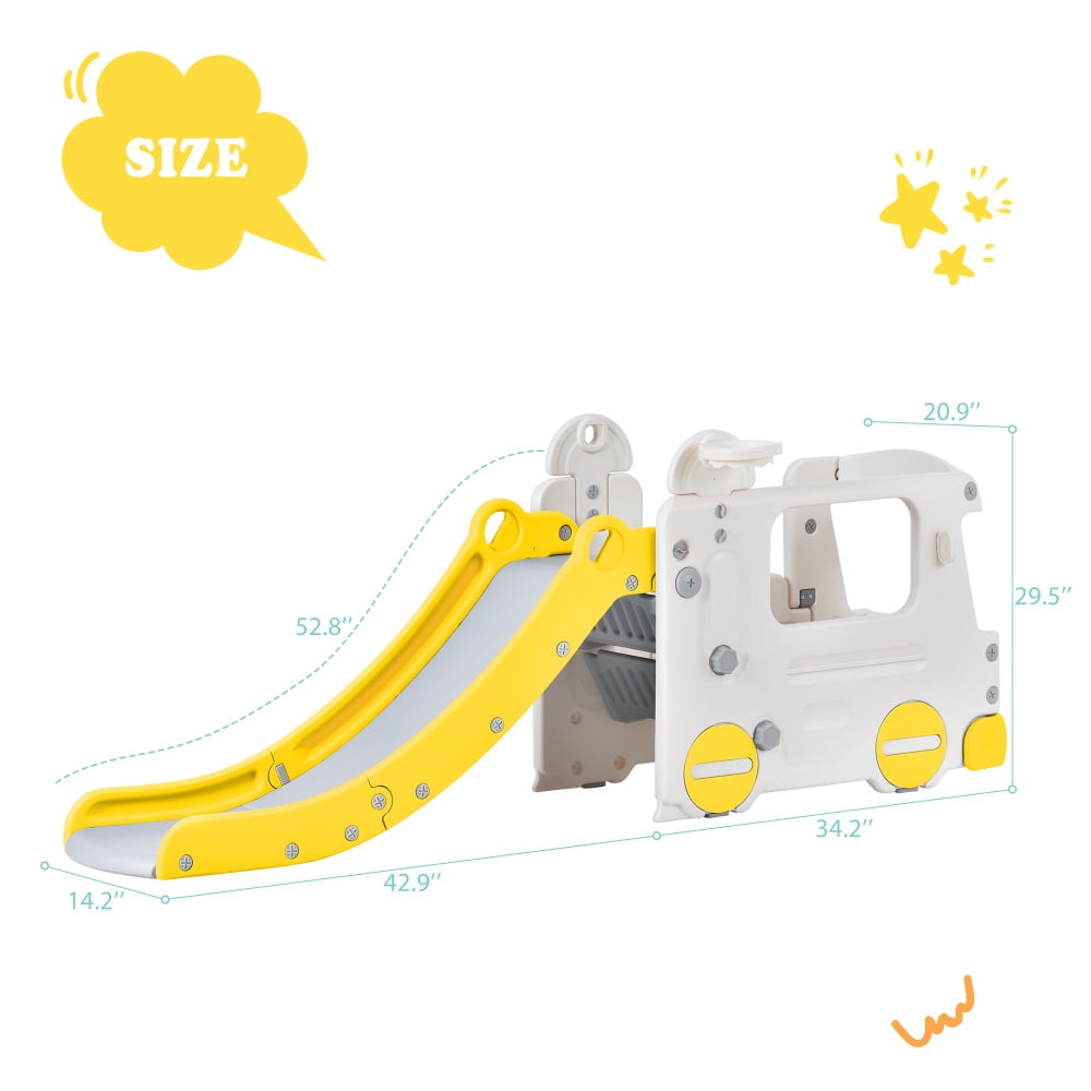 GERI Kids Slide with Bus Play Structure Climber, Freestanding Bus Climber with Slide for Toddlers, Bus Climber Slide Set with Basketball Hoop, Outdoor Playhouse for Toddlers, Yellow
