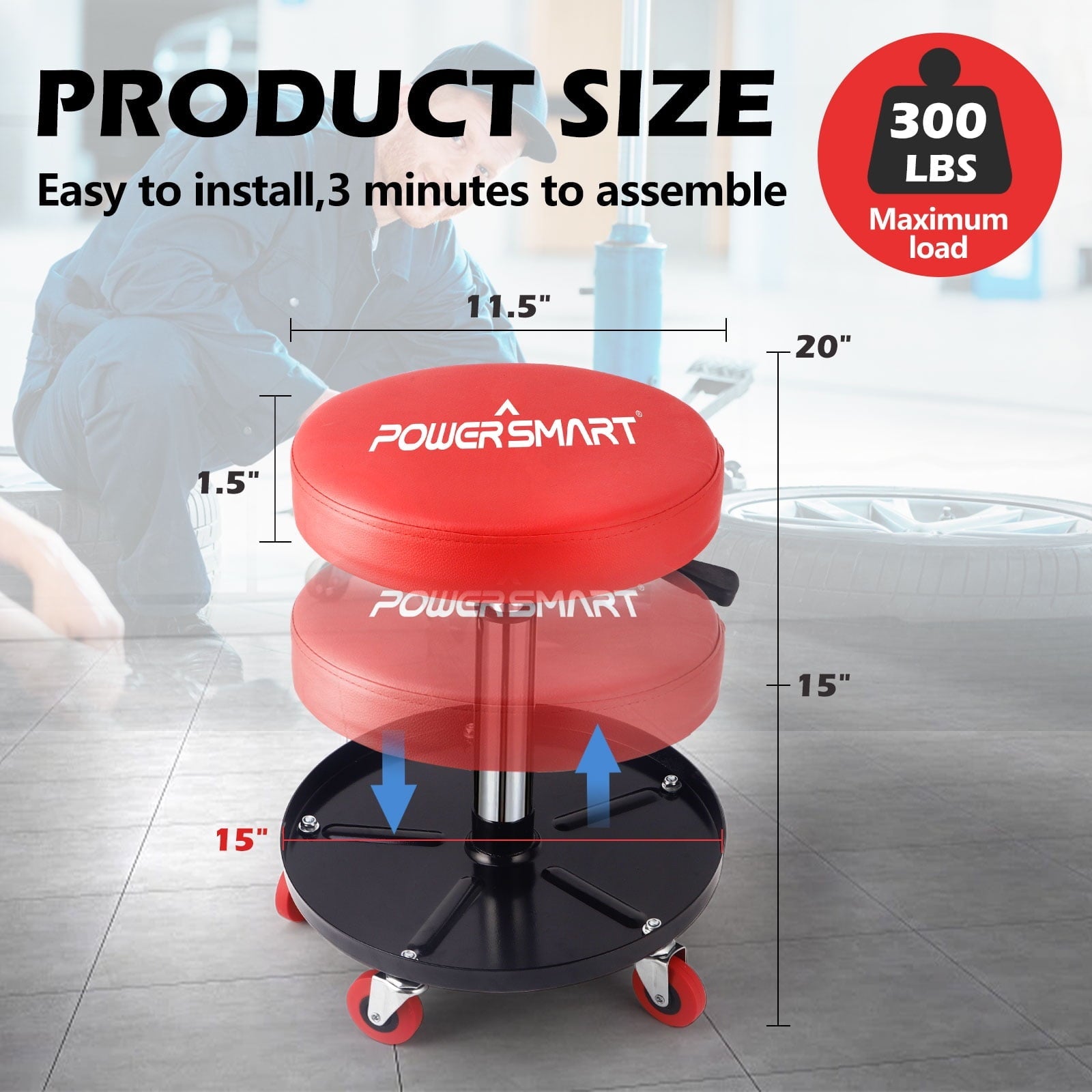 PowerSmart 300-pound Capacity Rolling Mechanic Stool - Adjustable Height, Pneumatic Creeper Garage/Shop Stoolwith Wheels,PS1101,RED