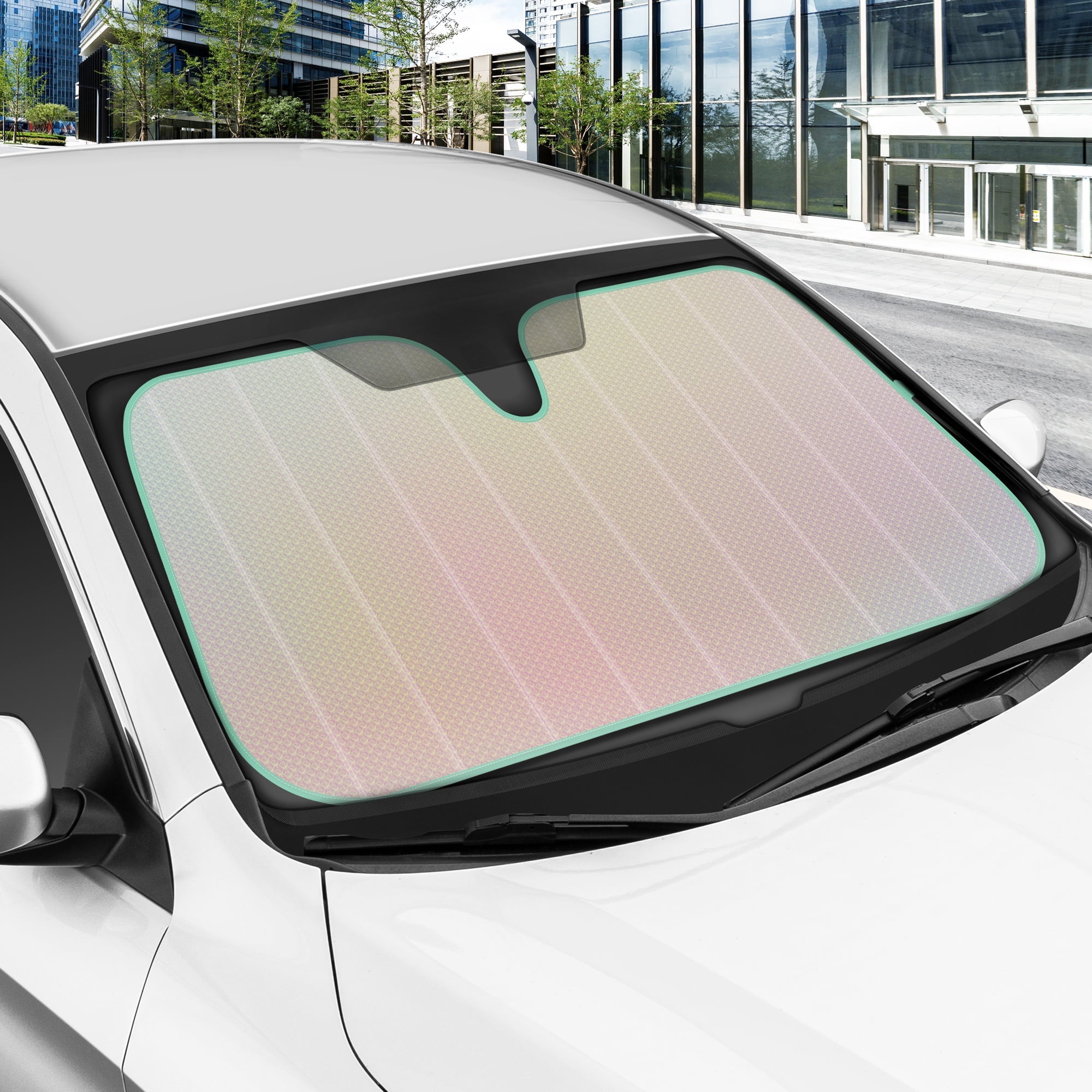 Iridescent Matte White Front Windshield Sunshade-Accordion Folding Shade-Blocks UV Rays- 58 x 27"in