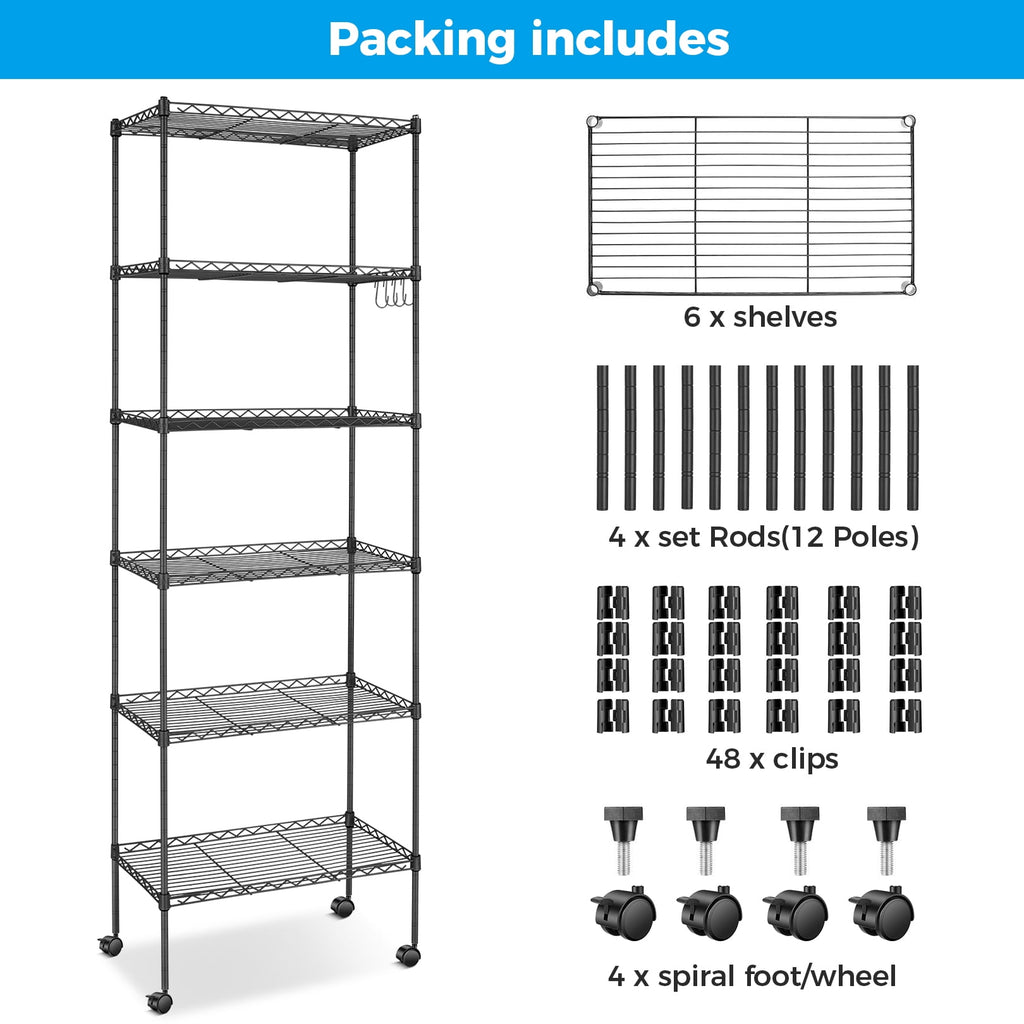 6-Tier Shelf Rack Wire Shelving Unit Storage Height Adjsutable Metal Shelf with 4 Side Hooks, 260lbs Capacity Free Standing Rack Organization for Kitchen Bedroom Garage