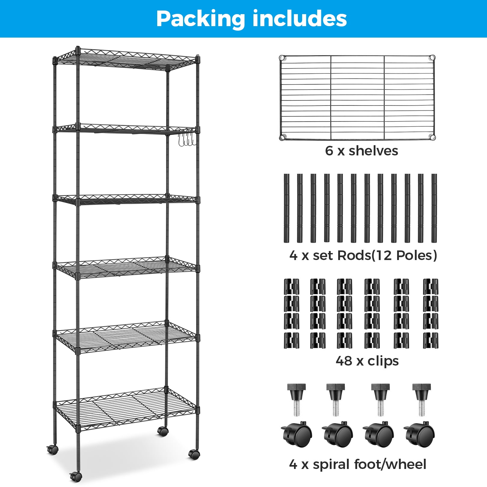 6-Tier Shelf Rack Wire Shelving Unit Storage Height Adjsutable Metal Shelf with 4 Side Hooks, 260lbs Capacity Free Standing Rack Organization for Kitchen Bedroom Garage