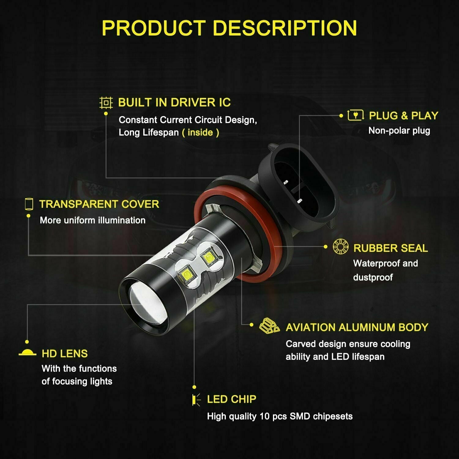 For Chevrolet Impala 2006-2013 - 6000K White LED H8/H9/H11 Fog Light Bulbs Kit 2x