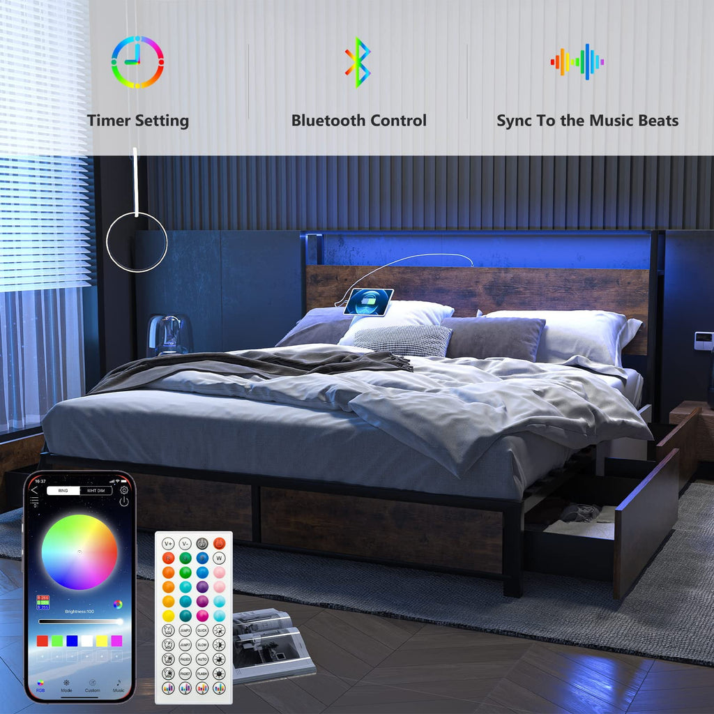 Full LED Bed Frame with Storage Headboard + 4 Drawers + Power Station, Industrial Metal Platform Bed, No Need Spring Box(Tan-Full)