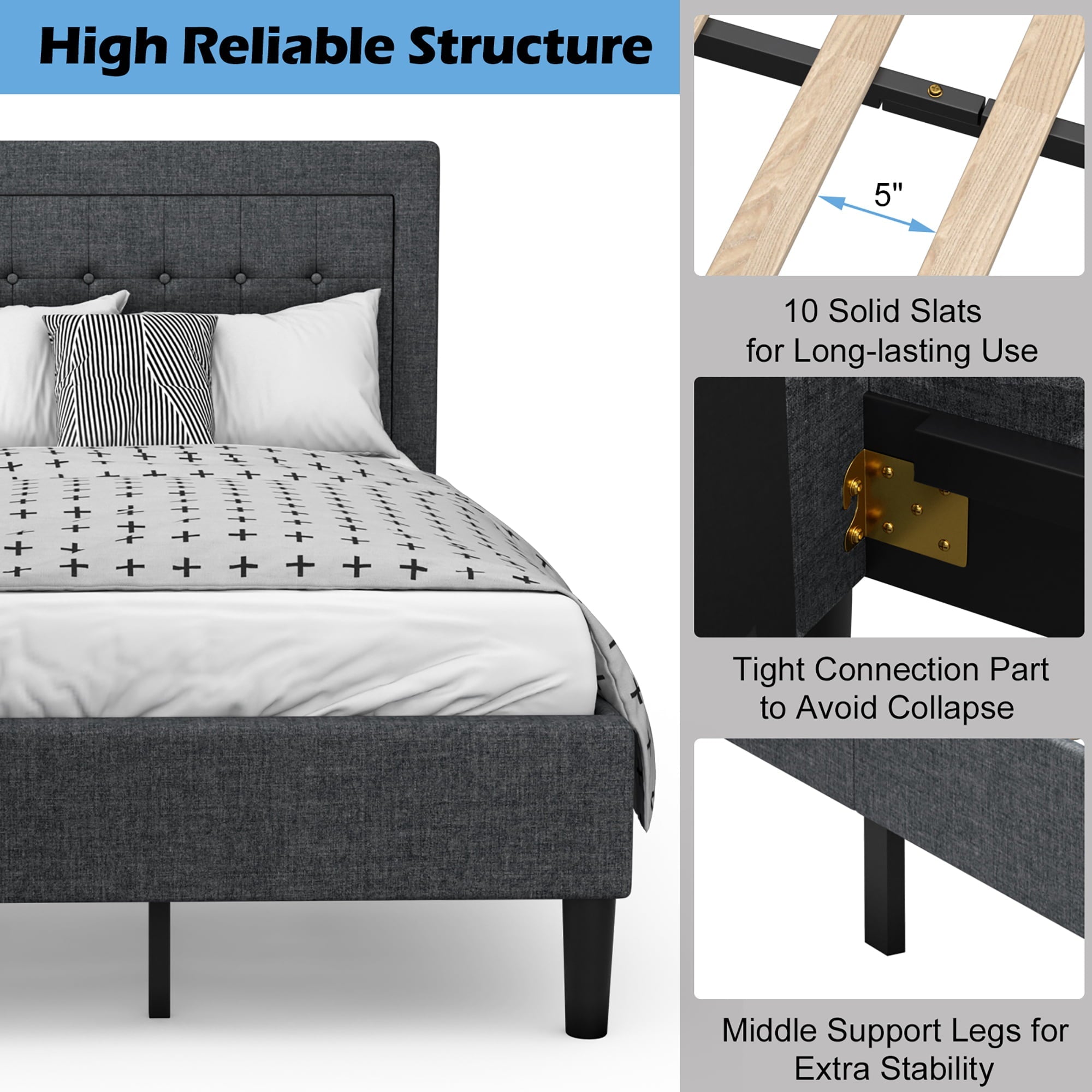 Costway Twin Size Upholstered Bed Frame Button Tufted Headboard Mattress Foundation Grey